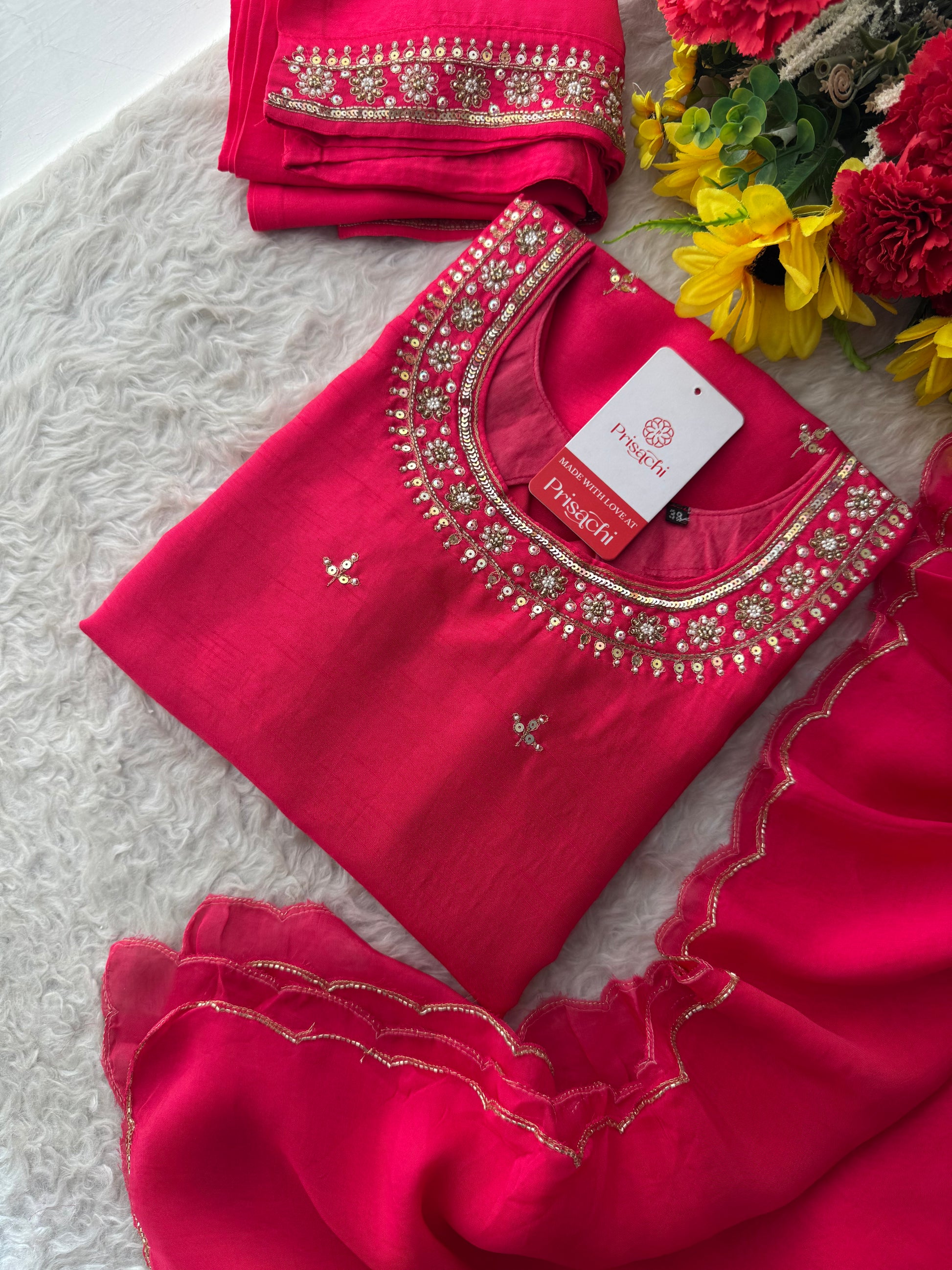Designer Pink Embroidered Ethnic Kurta Set with Pant & Dupatta - Prisachi Official