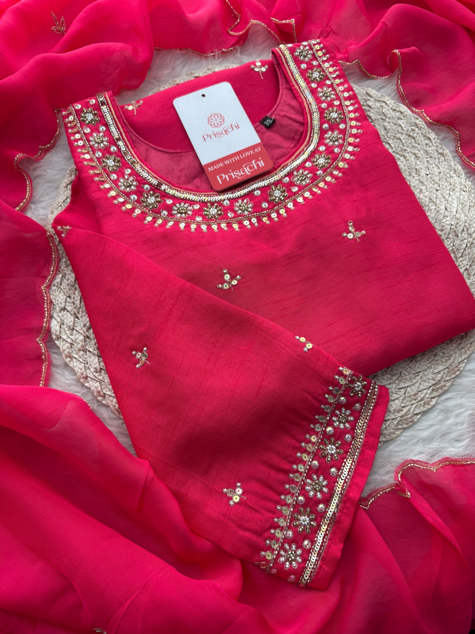 Designer Pink Embroidered Ethnic Kurta Set with Pant & Dupatta - Prisachi Official