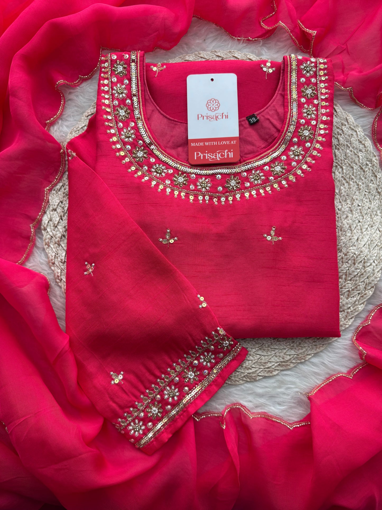Designer Pink Embroidered Ethnic Kurta Set with Pant & Dupatta - Prisachi Official