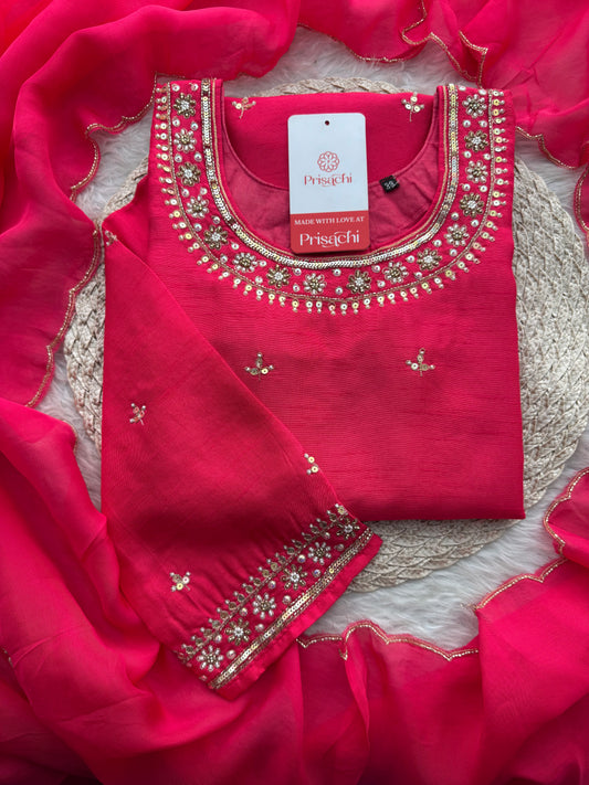 Designer Pink Embroidered Ethnic Kurta Set with Pant & Dupatta - Prisachi Official