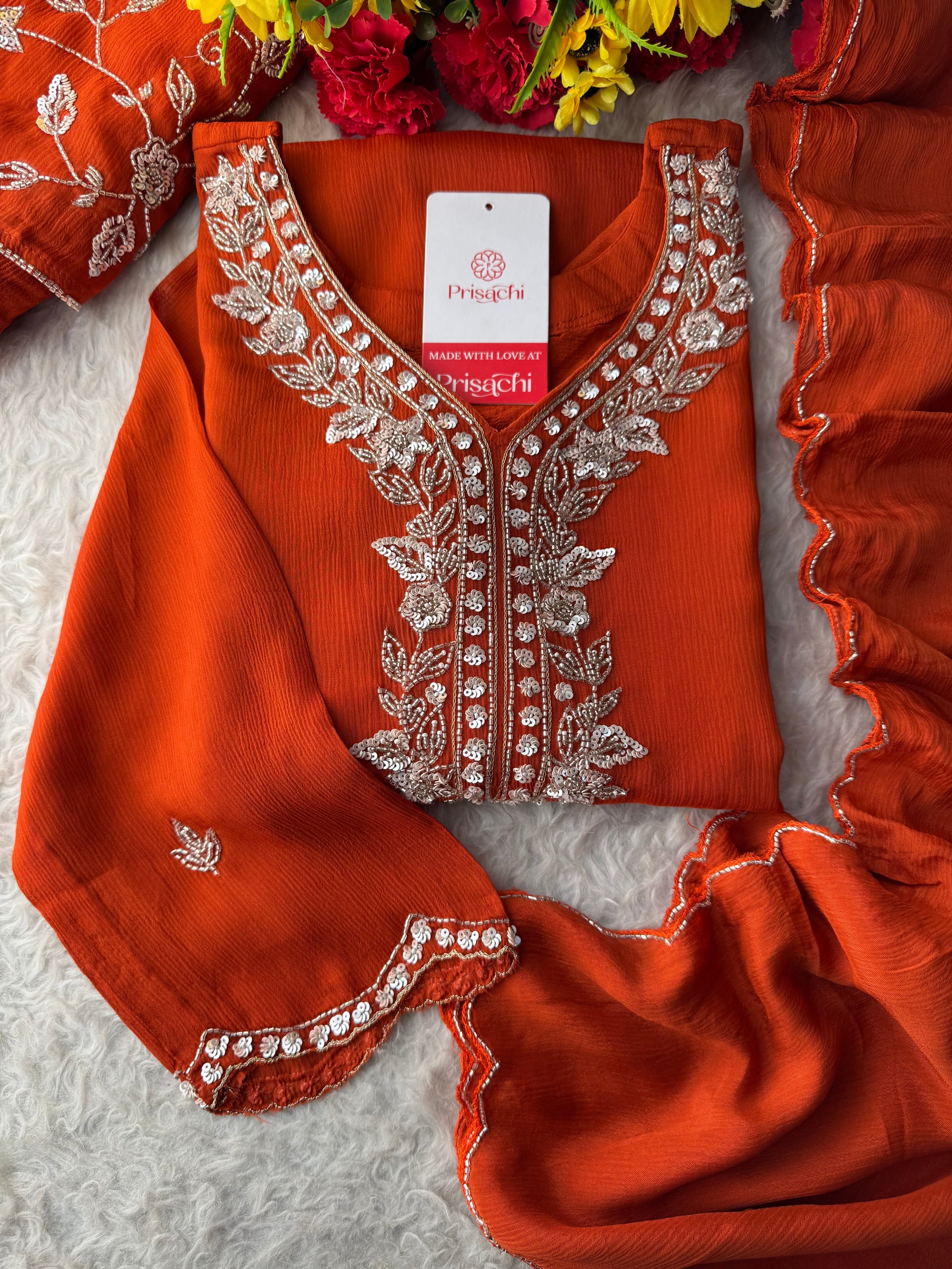 Orange Zardozi Embroidered Sharara Suit Set with Dupatta | Festive & Wedding Ethnic Wear - Prisachi Official