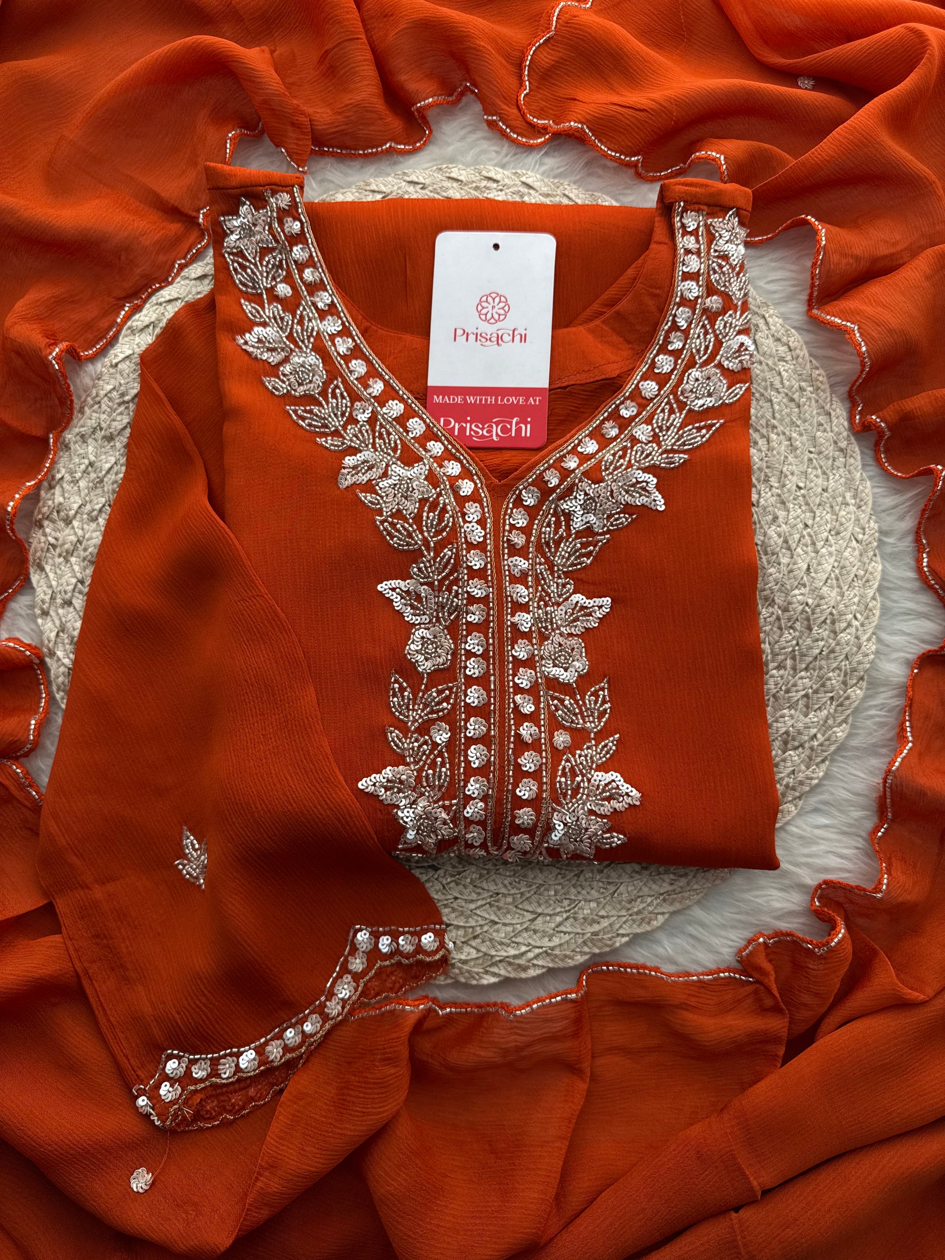 Orange Zardozi Embroidered Sharara Suit Set with Dupatta | Festive & Wedding Ethnic Wear - Prisachi Official