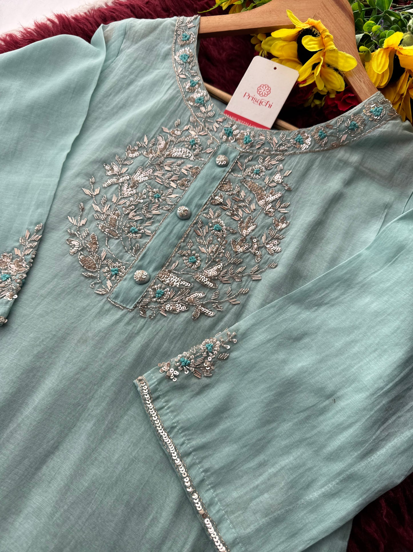 Designer Blue Embroidered Ethnic Kurta Set with Pant & Dupatta for Womens - Prisachi Official