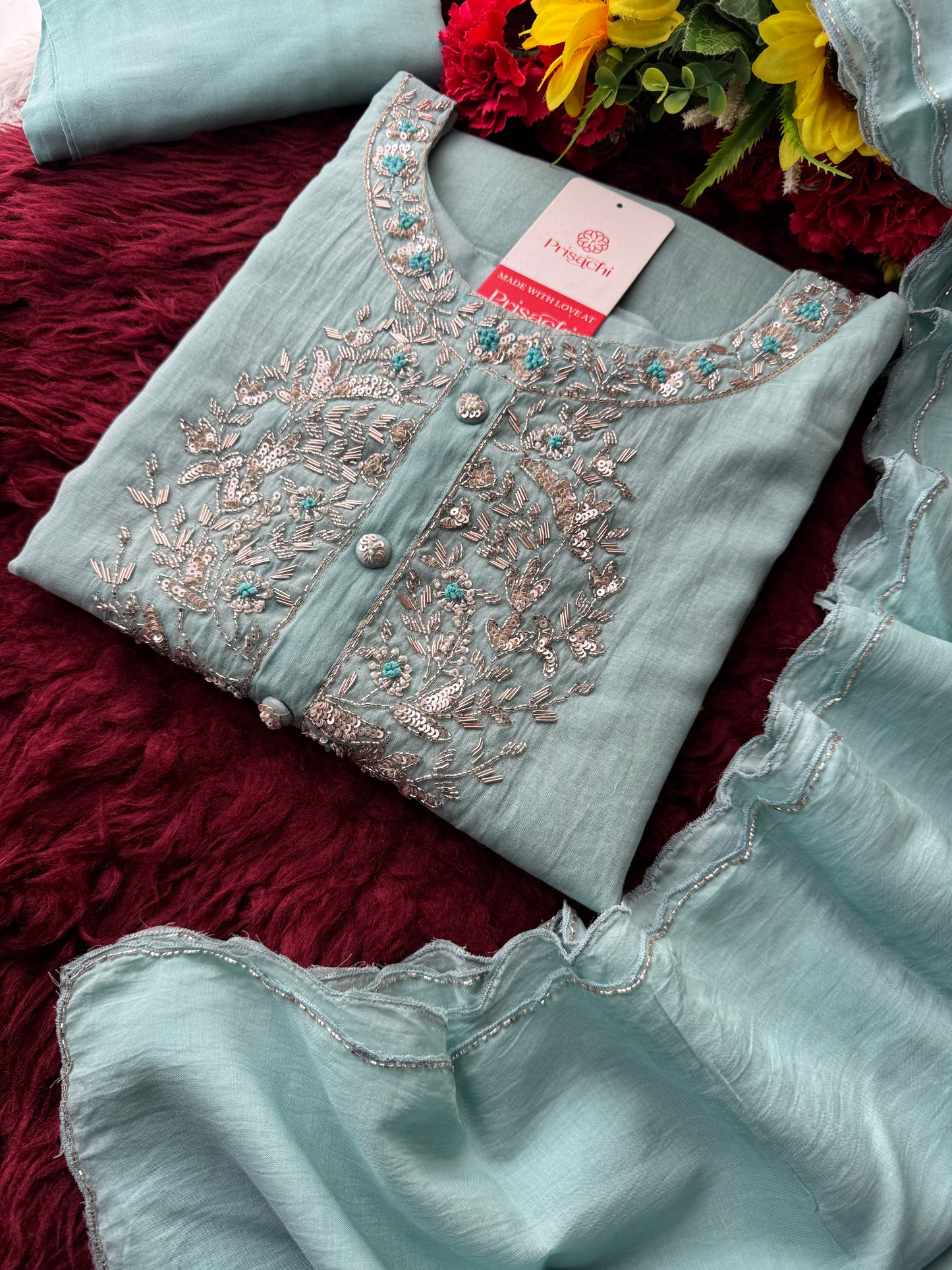 Designer Blue Embroidered Ethnic Kurta Set with Pant & Dupatta for Womens - Prisachi Official