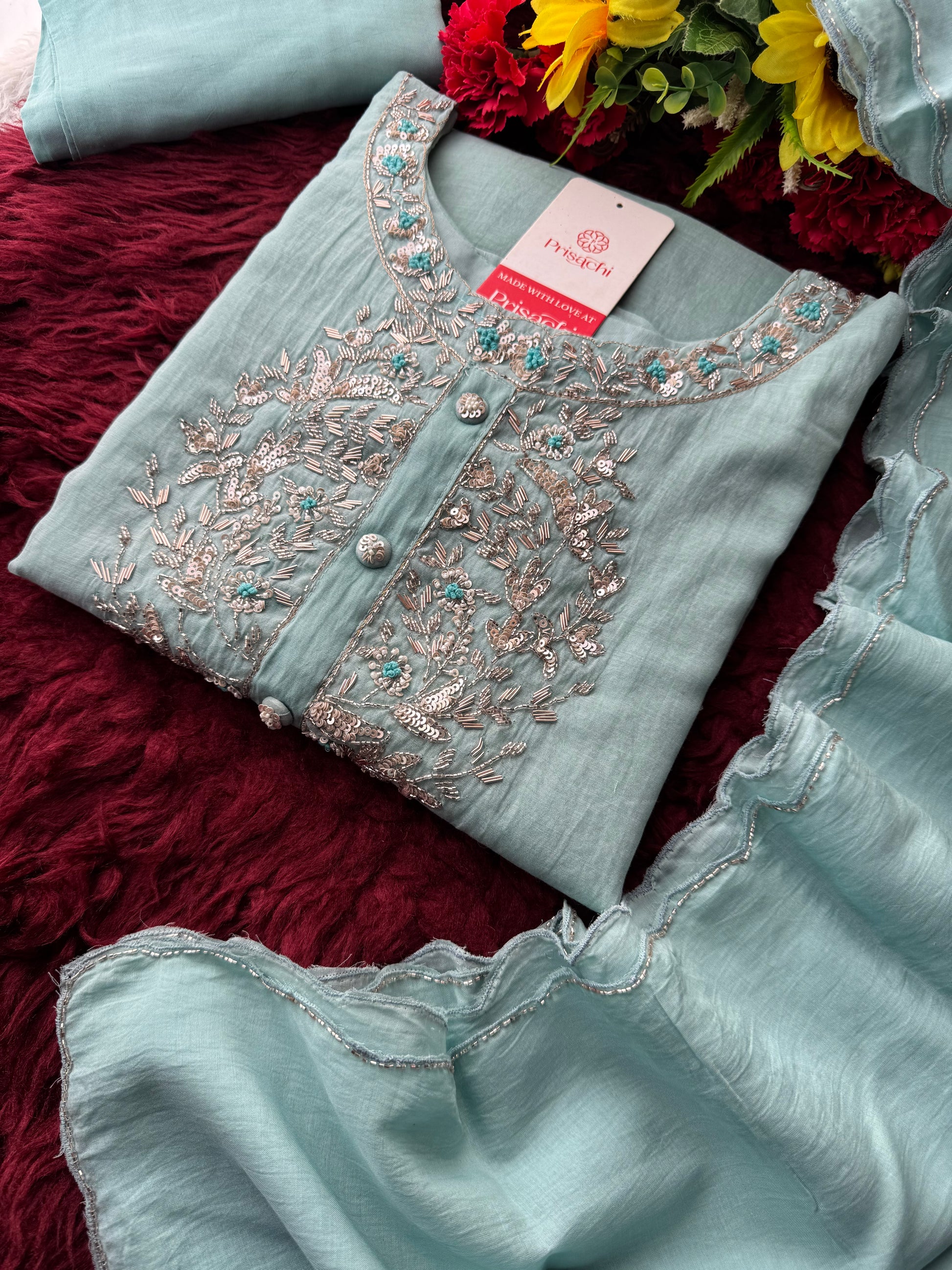 Designer Blue Embroidered Ethnic Kurta Set with Pant & Dupatta for Womens - Prisachi Official