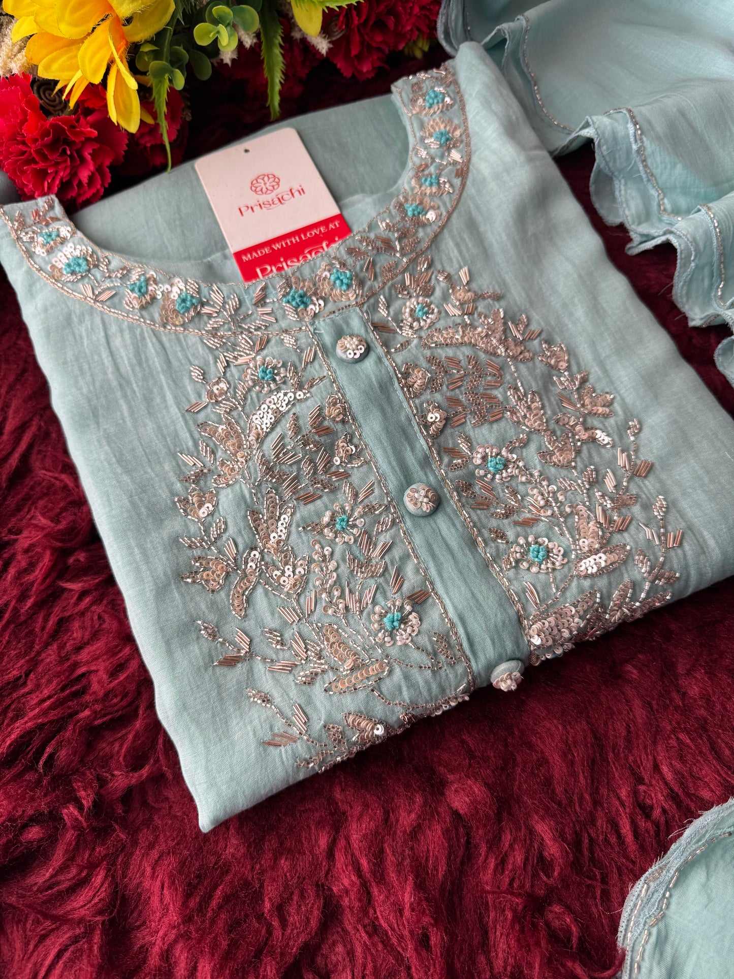 Designer Blue Embroidered Ethnic Kurta Set with Pant & Dupatta for Womens - Prisachi Official