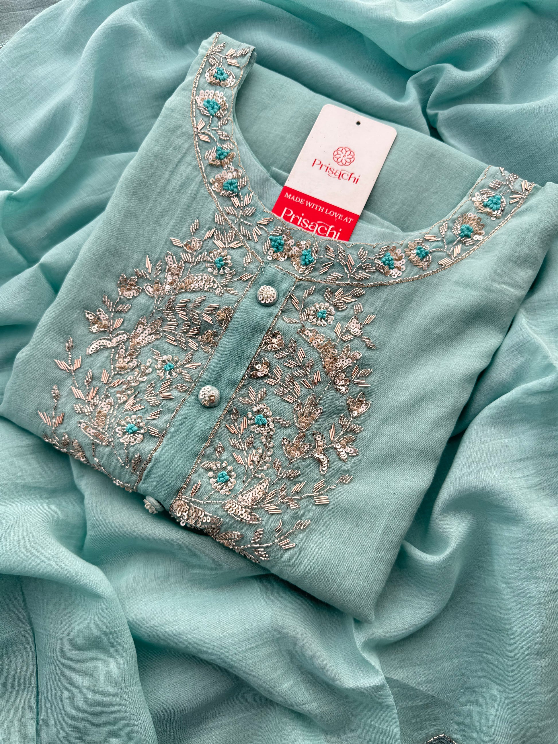 Designer Blue Embroidered Ethnic Kurta Set with Pant & Dupatta for Womens - Prisachi Official