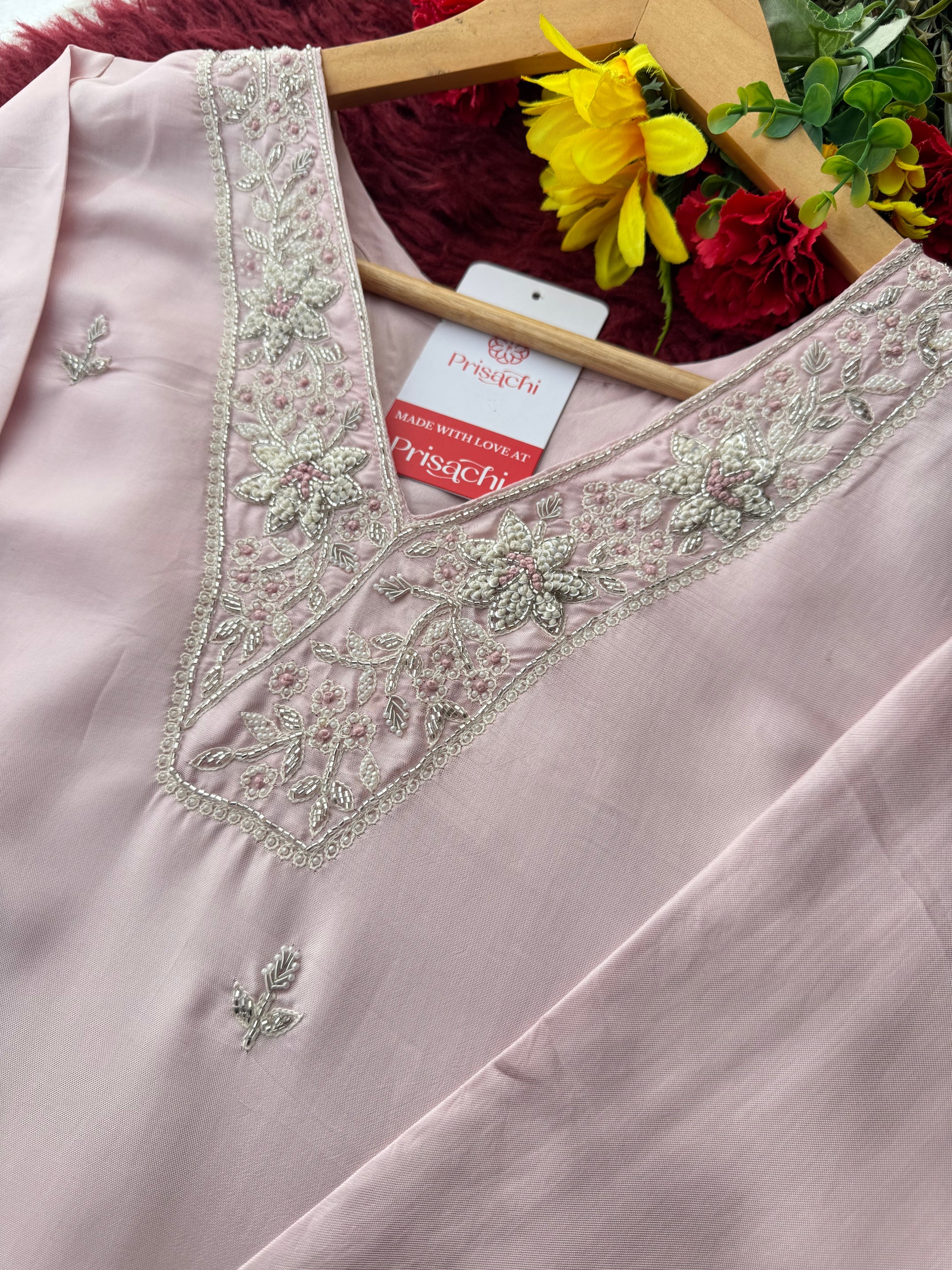 Designer Baby Pink  Embroidered Ethnic Kurta Set with Pant & Dupatta for Womens - Prisachi Official