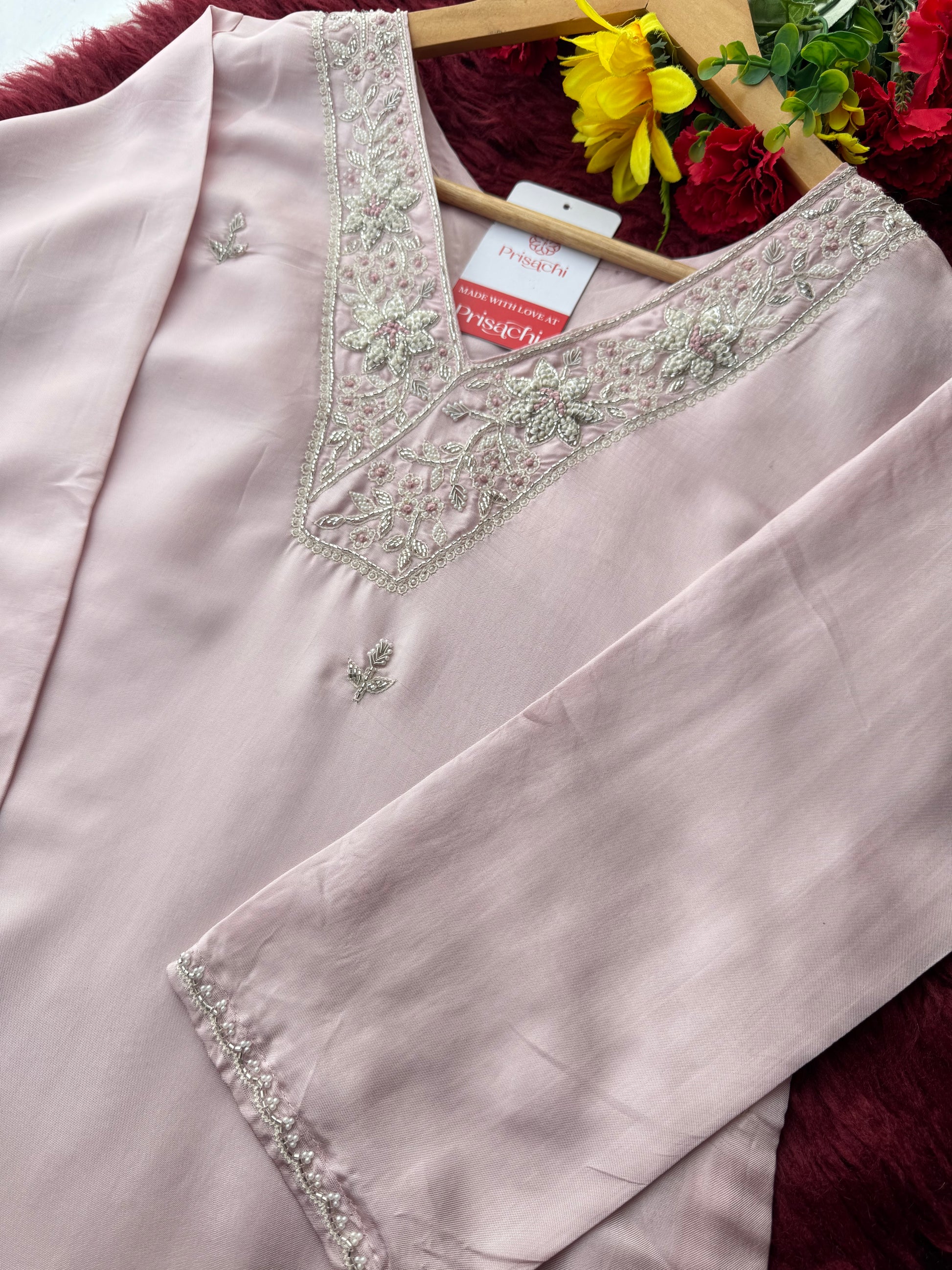 Designer Baby Pink  Embroidered Ethnic Kurta Set with Pant & Dupatta for Womens - Prisachi Official