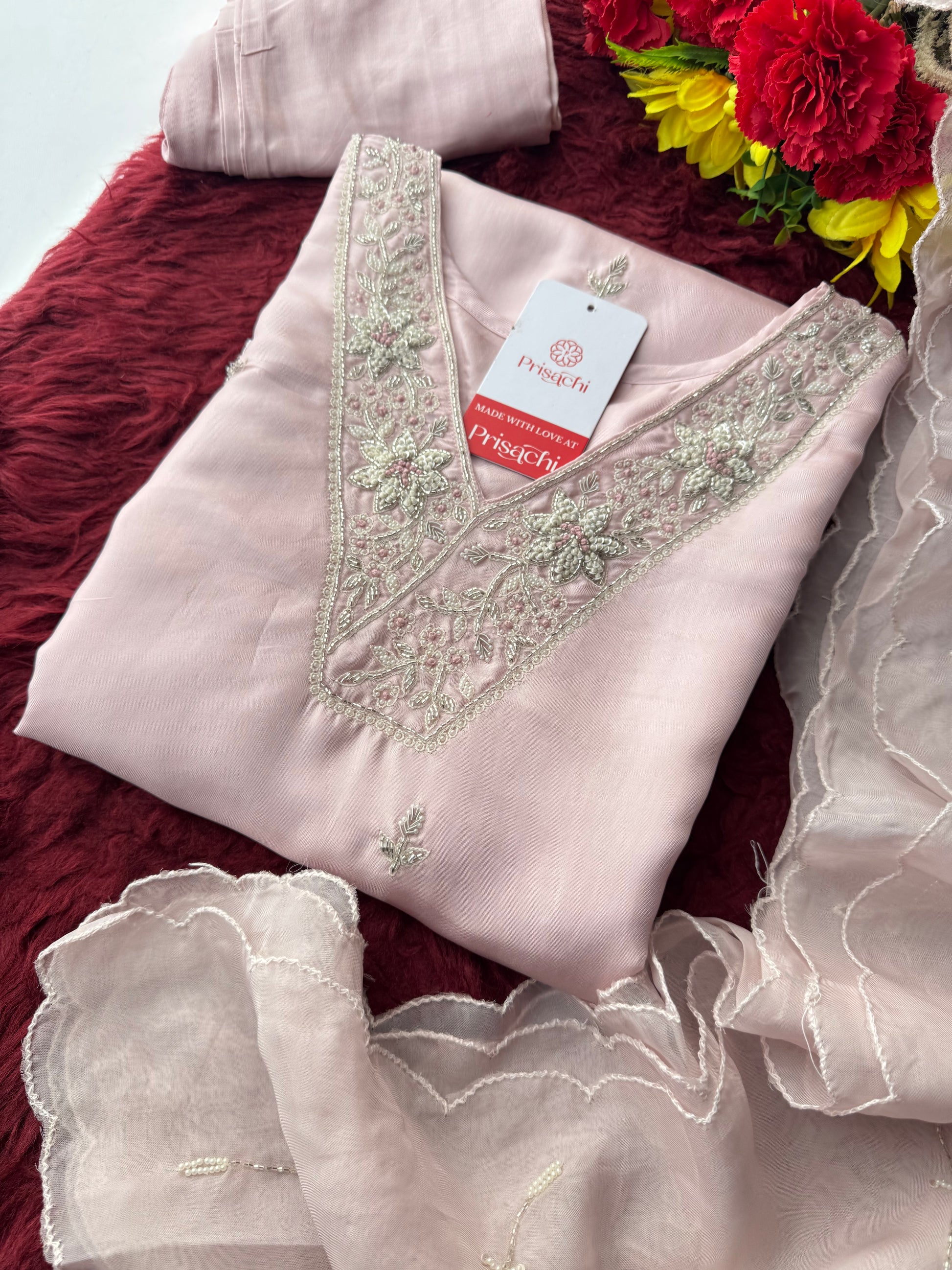 Designer Baby Pink  Embroidered Ethnic Kurta Set with Pant & Dupatta for Womens - Prisachi Official