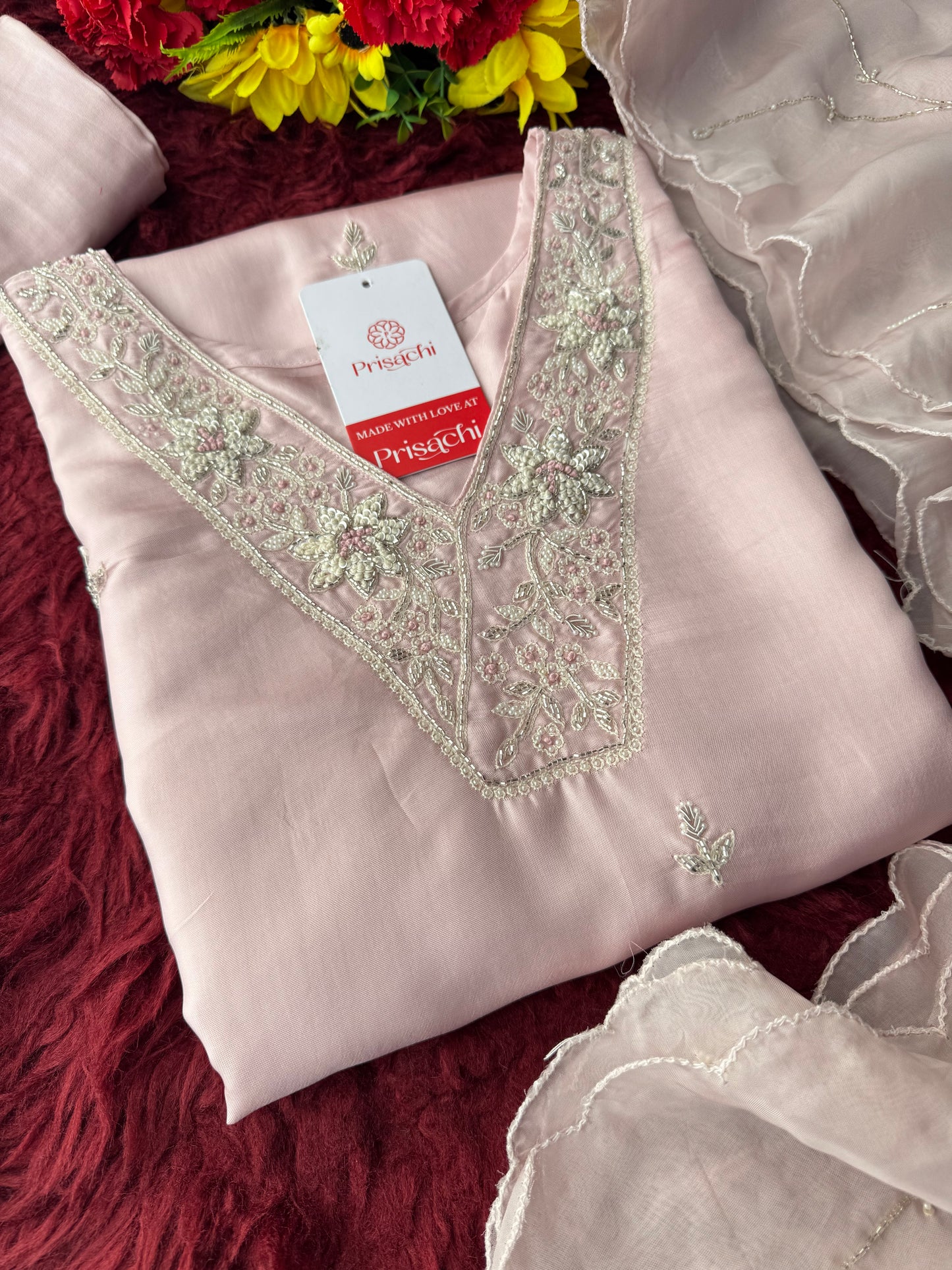 Designer Baby Pink  Embroidered Ethnic Kurta Set with Pant & Dupatta for Womens - Prisachi Official