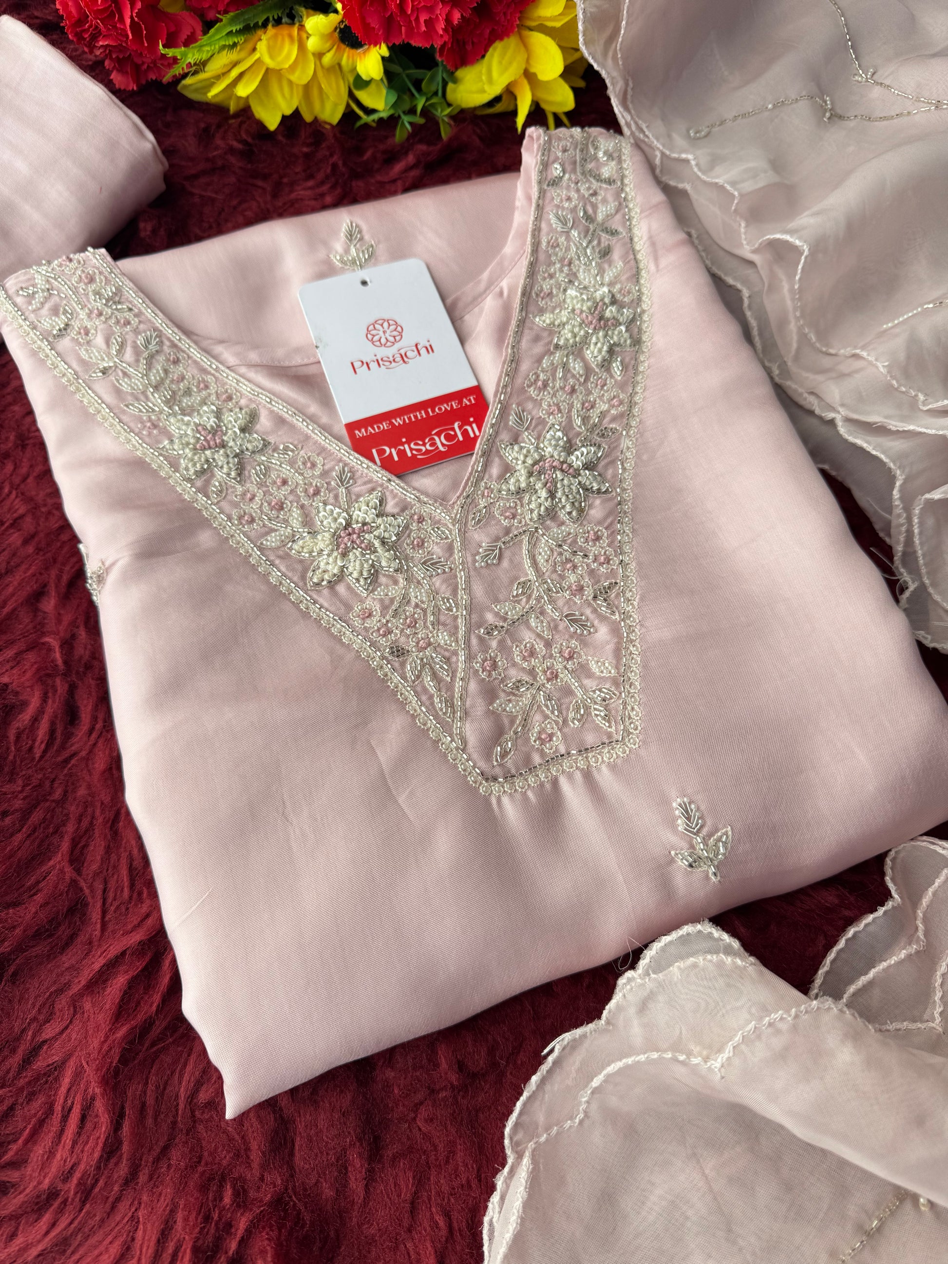 Designer Baby Pink  Embroidered Ethnic Kurta Set with Pant & Dupatta for Womens - Prisachi Official