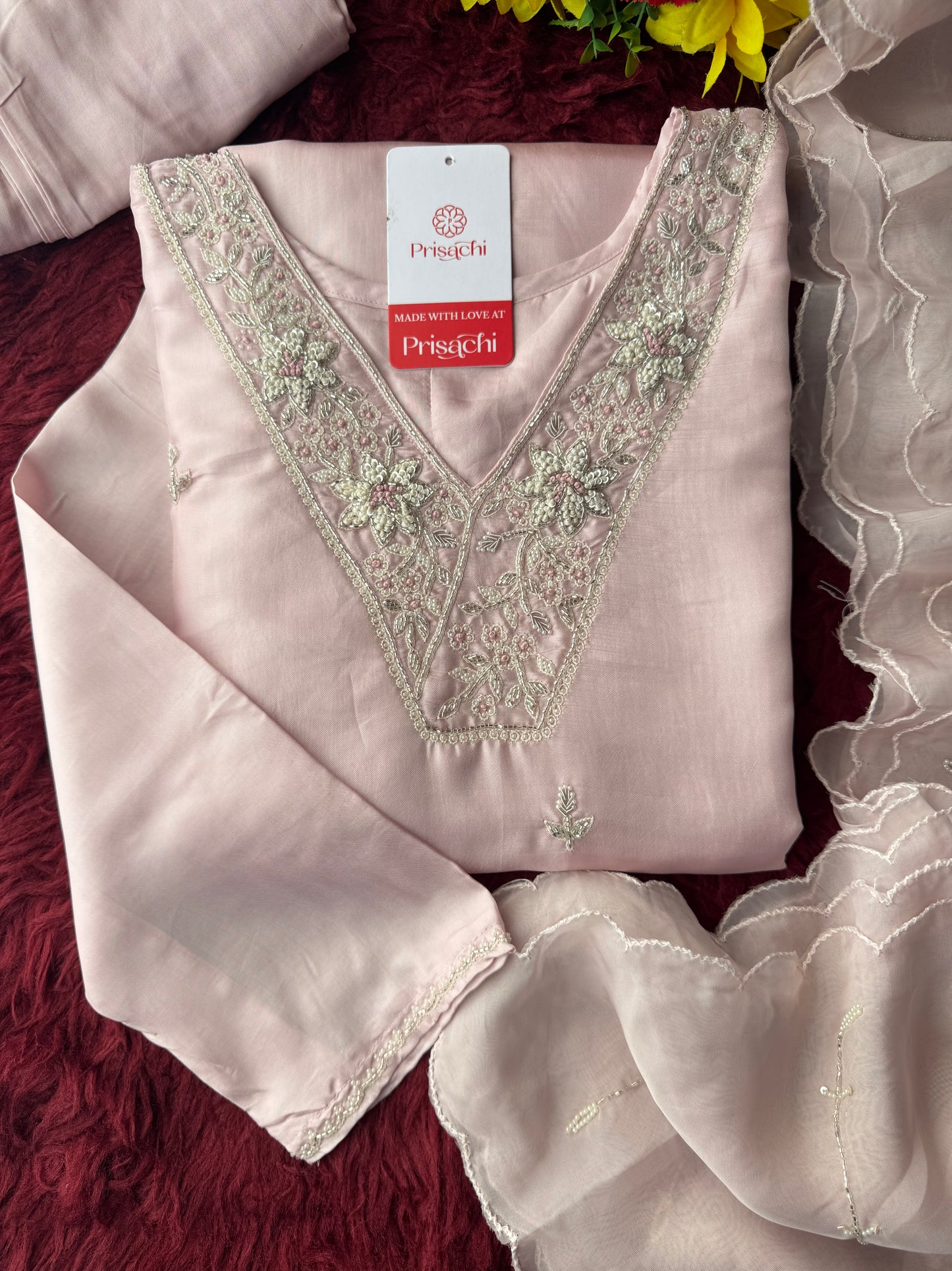 Designer Baby Pink  Embroidered Ethnic Kurta Set with Pant & Dupatta for Womens - Prisachi Official