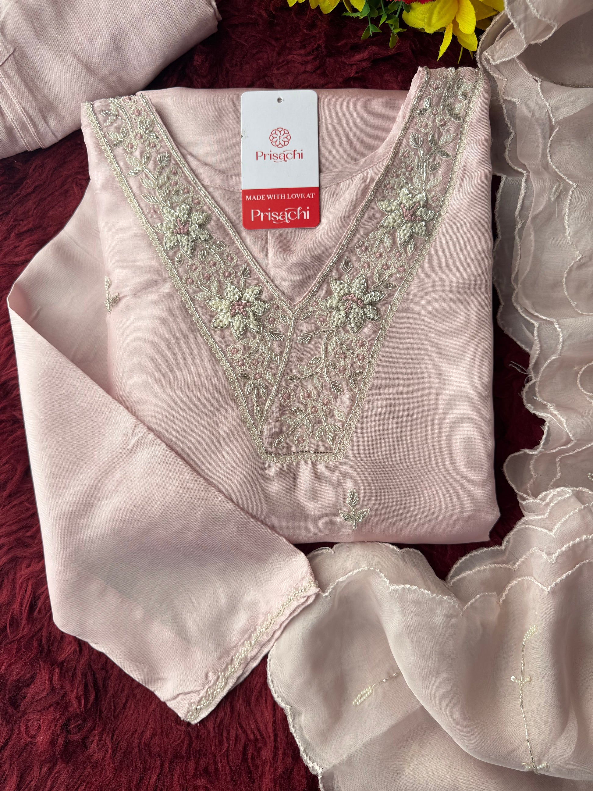 Designer Baby Pink  Embroidered Ethnic Kurta Set with Pant & Dupatta for Womens - Prisachi Official
