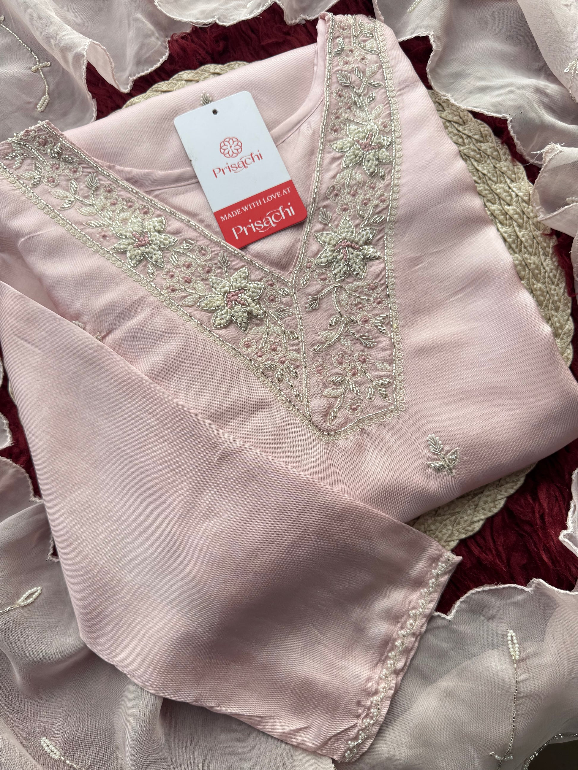 Designer Baby Pink  Embroidered Ethnic Kurta Set with Pant & Dupatta for Womens - Prisachi Official