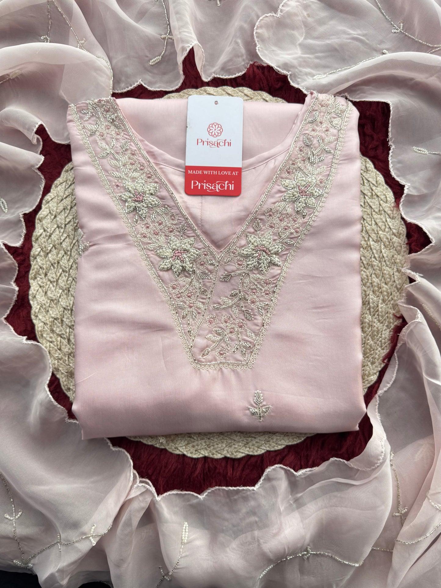 Designer Baby Pink  Embroidered Ethnic Kurta Set with Pant & Dupatta for Womens - Prisachi Official