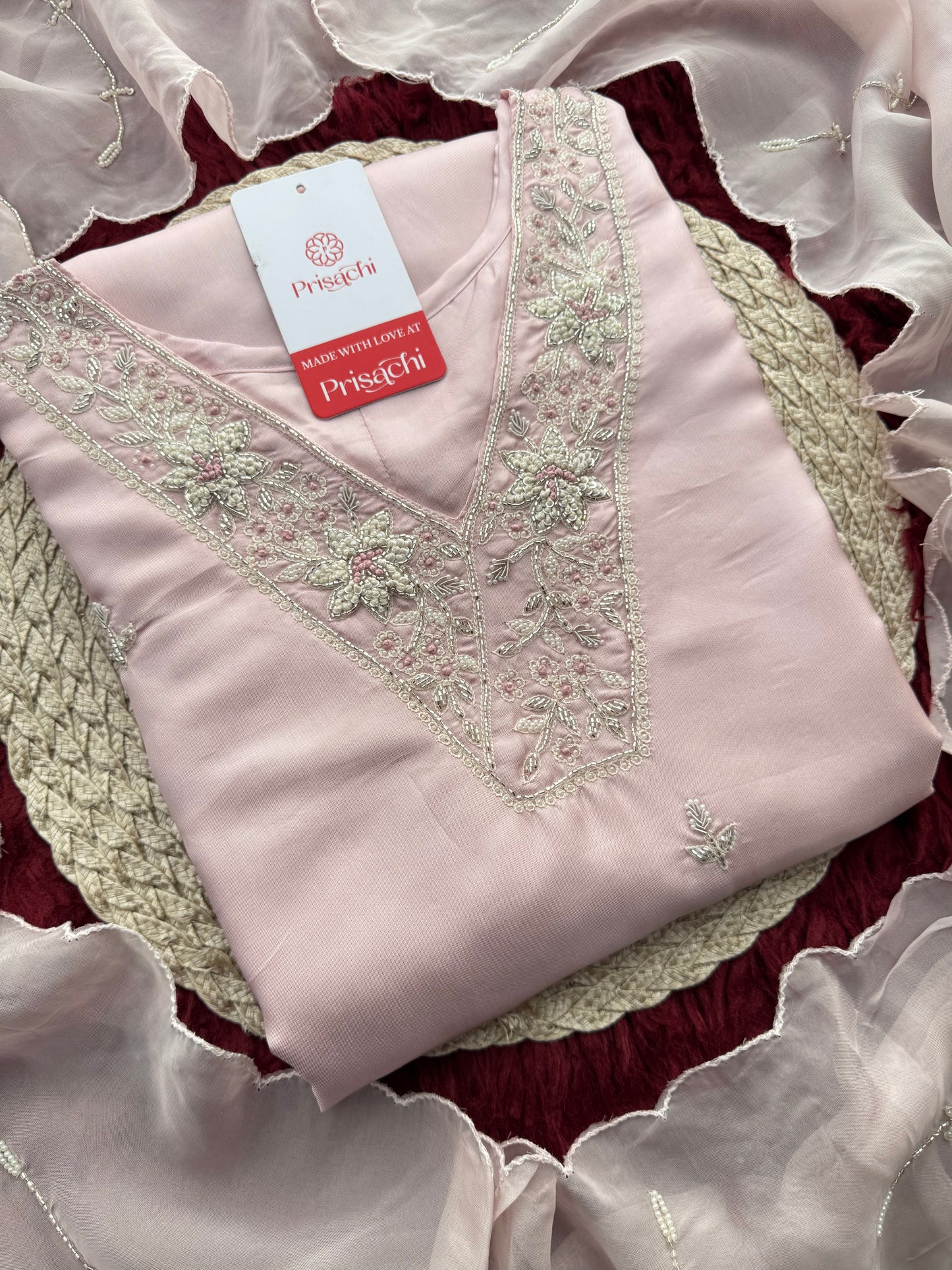 Designer Baby Pink  Embroidered Ethnic Kurta Set with Pant & Dupatta for Womens - Prisachi Official