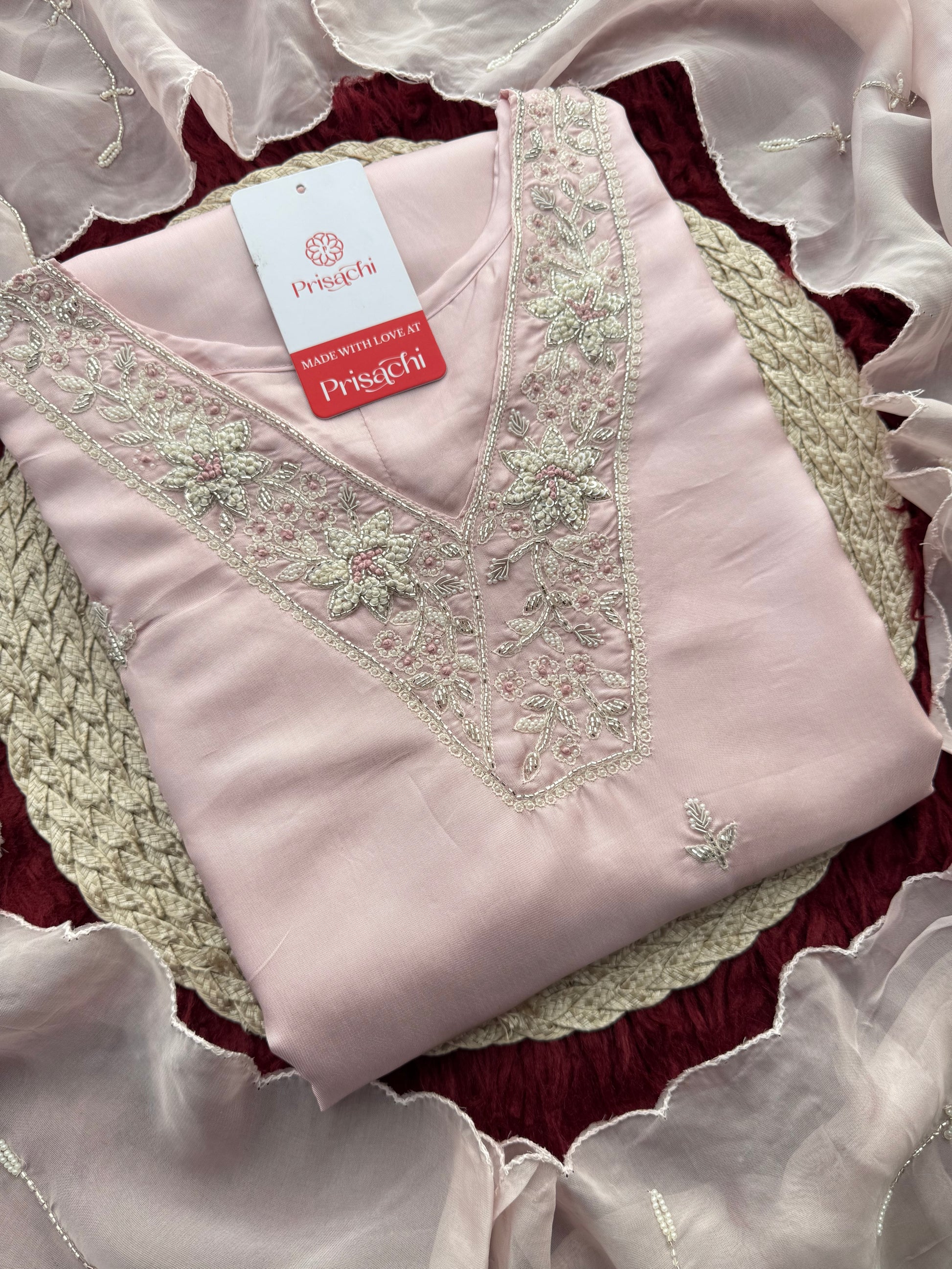Designer Baby Pink  Embroidered Ethnic Kurta Set with Pant & Dupatta for Womens - Prisachi Official