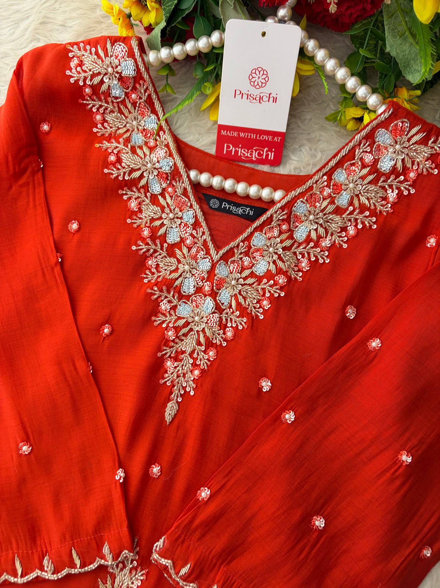 Orange Zardozi Embroidered Ethnic Kurta Set for Women with Dupatta & Pants | Festive Traditional Suit Set