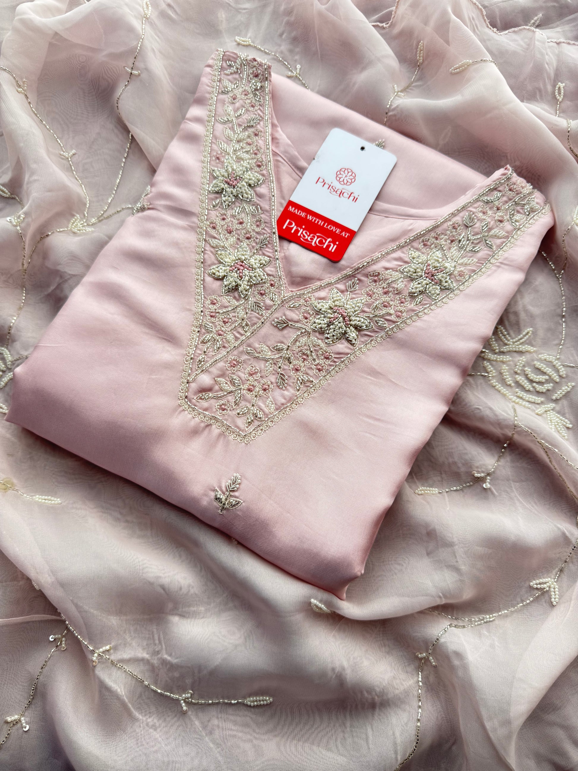 Designer Baby Pink  Embroidered Ethnic Kurta Set with Pant & Dupatta for Womens - Prisachi Official