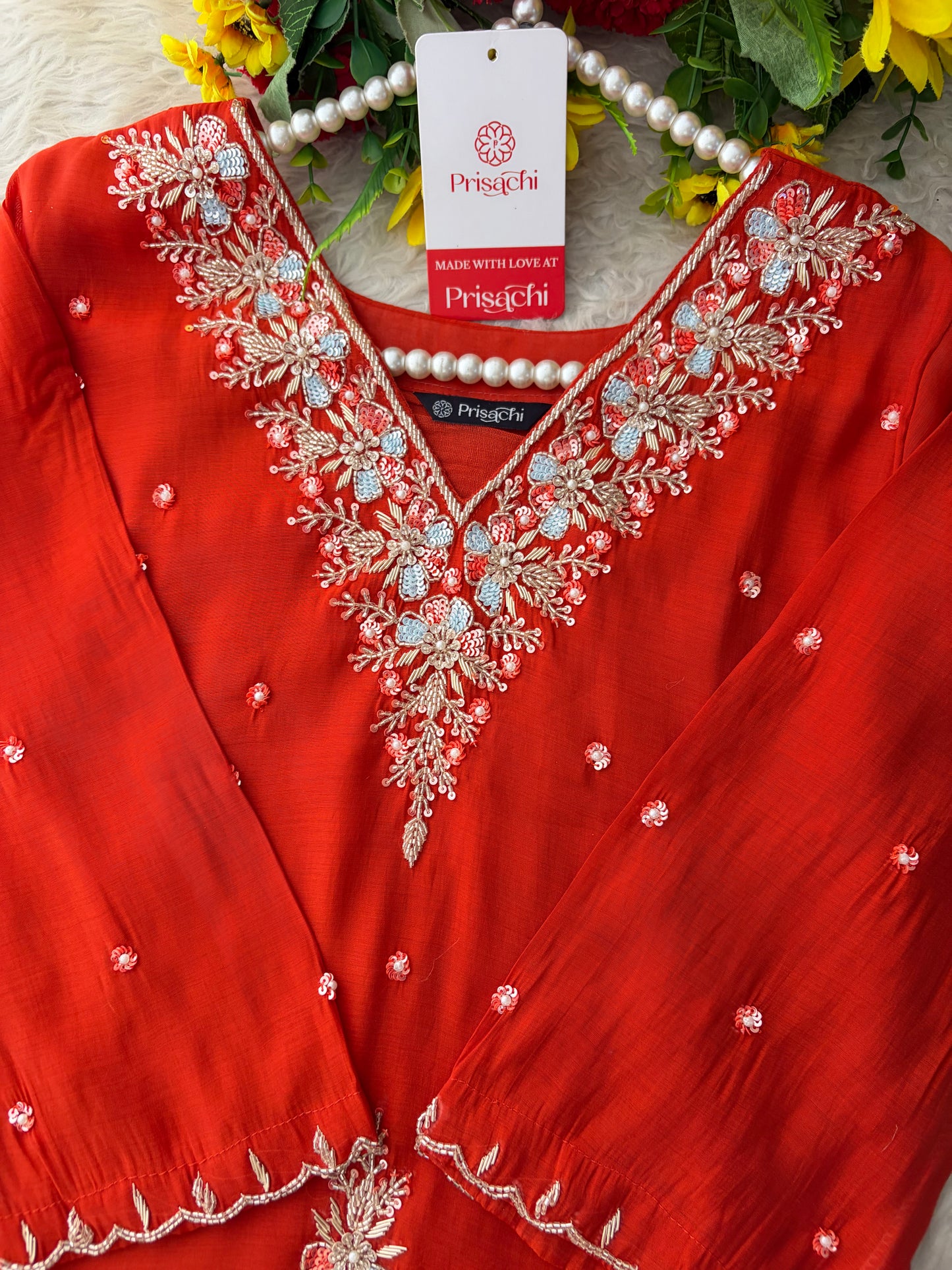 Orange Zardozi Embroidered Ethnic Kurta Set for Women with Dupatta & Pants | Festive Traditional Suit Set