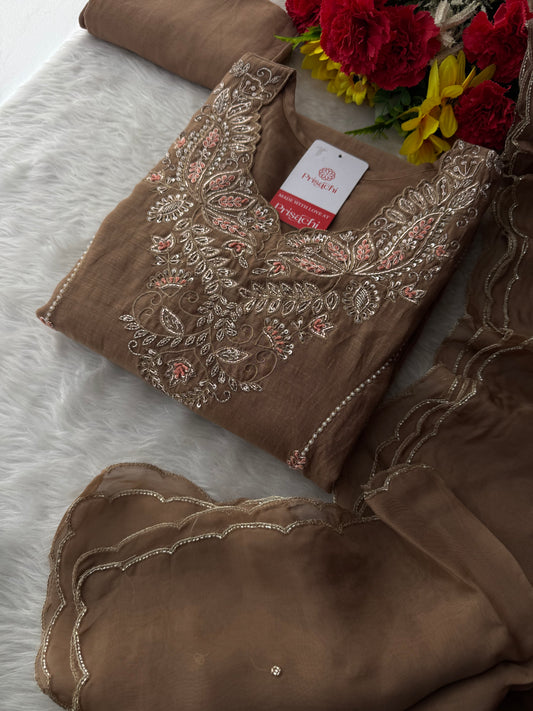 Designer Brown Embroidered A-Line Kurta Set with Dupatta & Pants - Prisachi Official