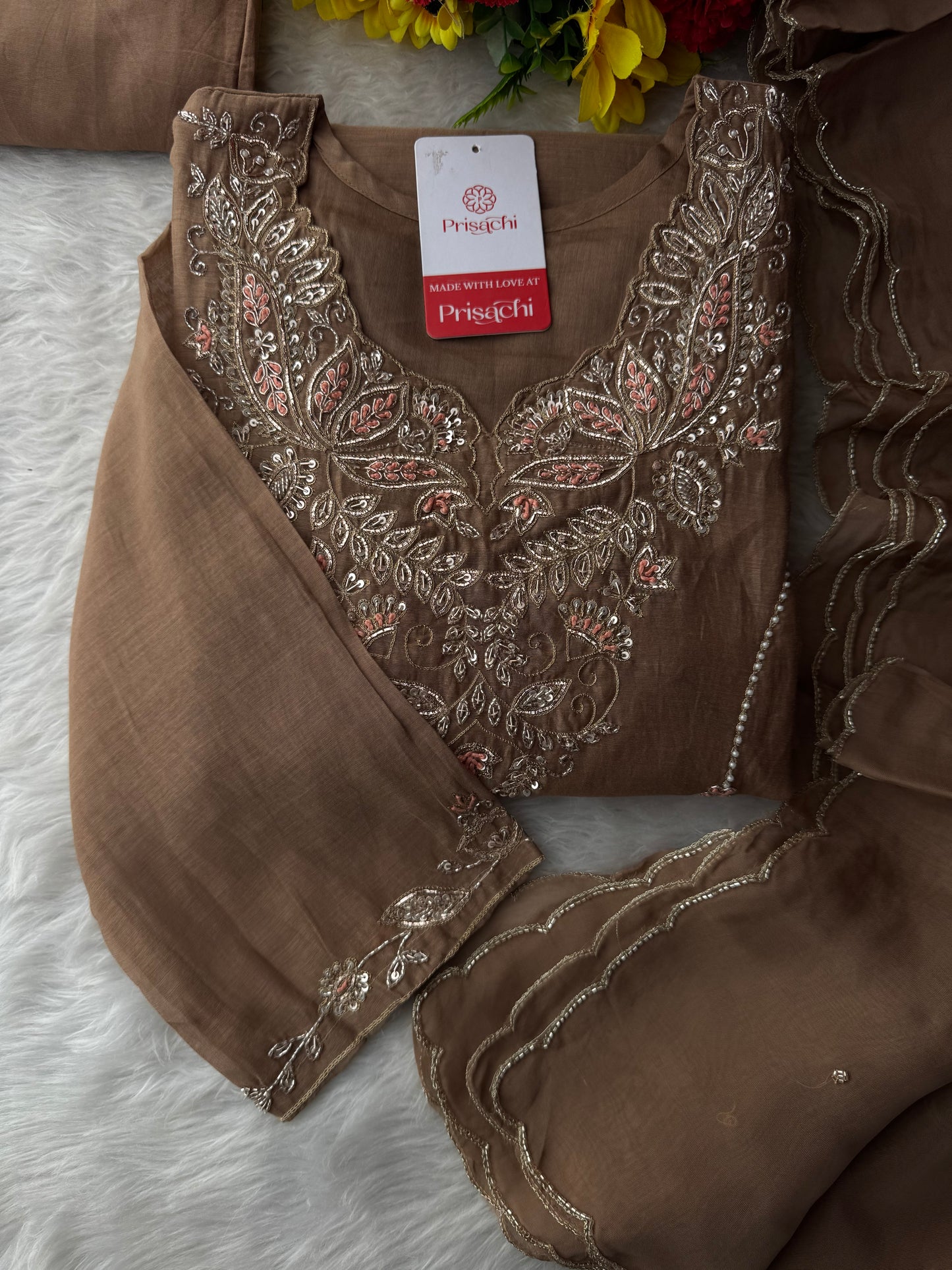 Designer Brown Embroidered A-Line Kurta Set with Dupatta & Pants - Prisachi Official