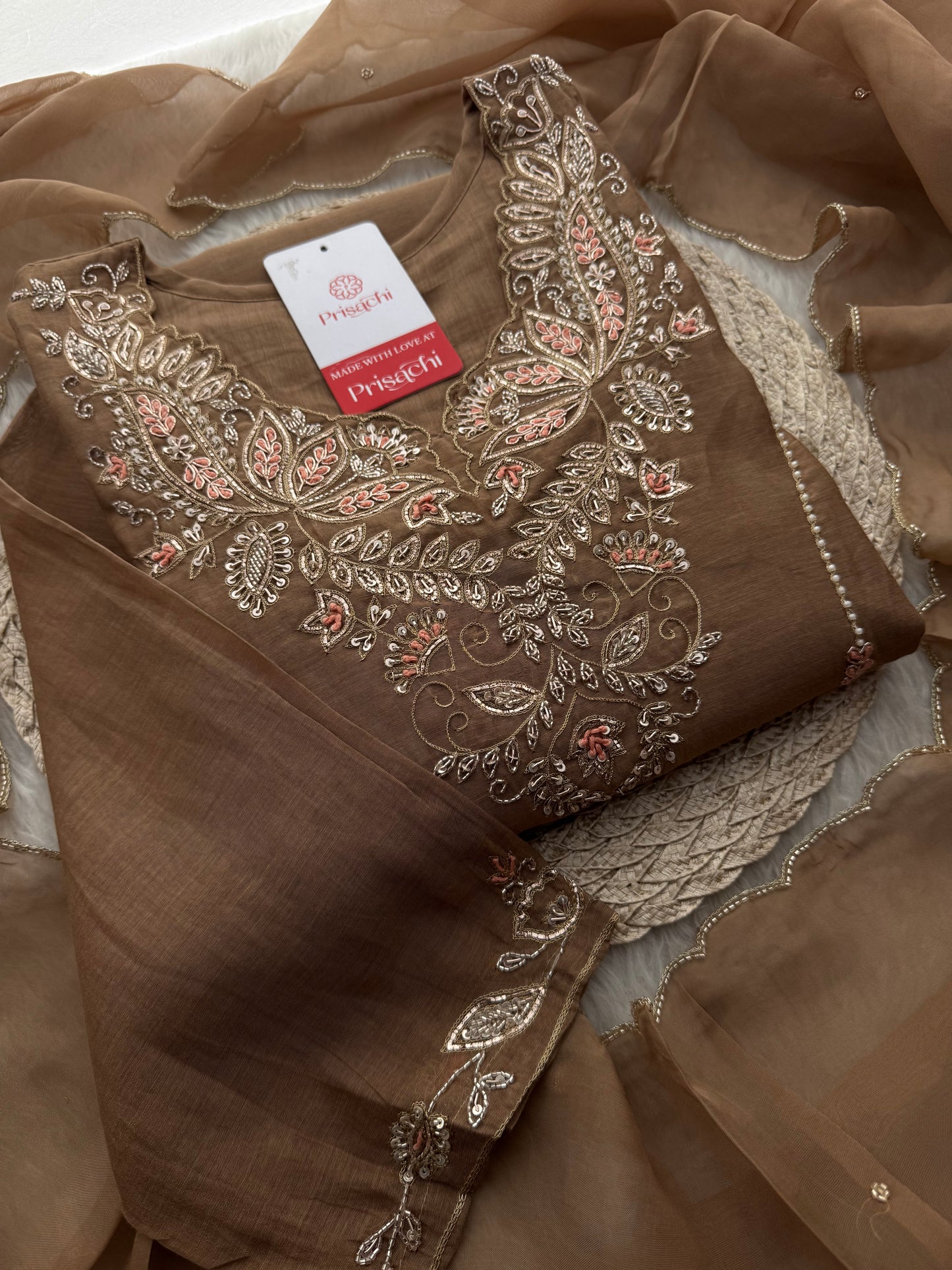 Designer Brown Embroidered A-Line Kurta Set with Dupatta & Pants - Prisachi Official