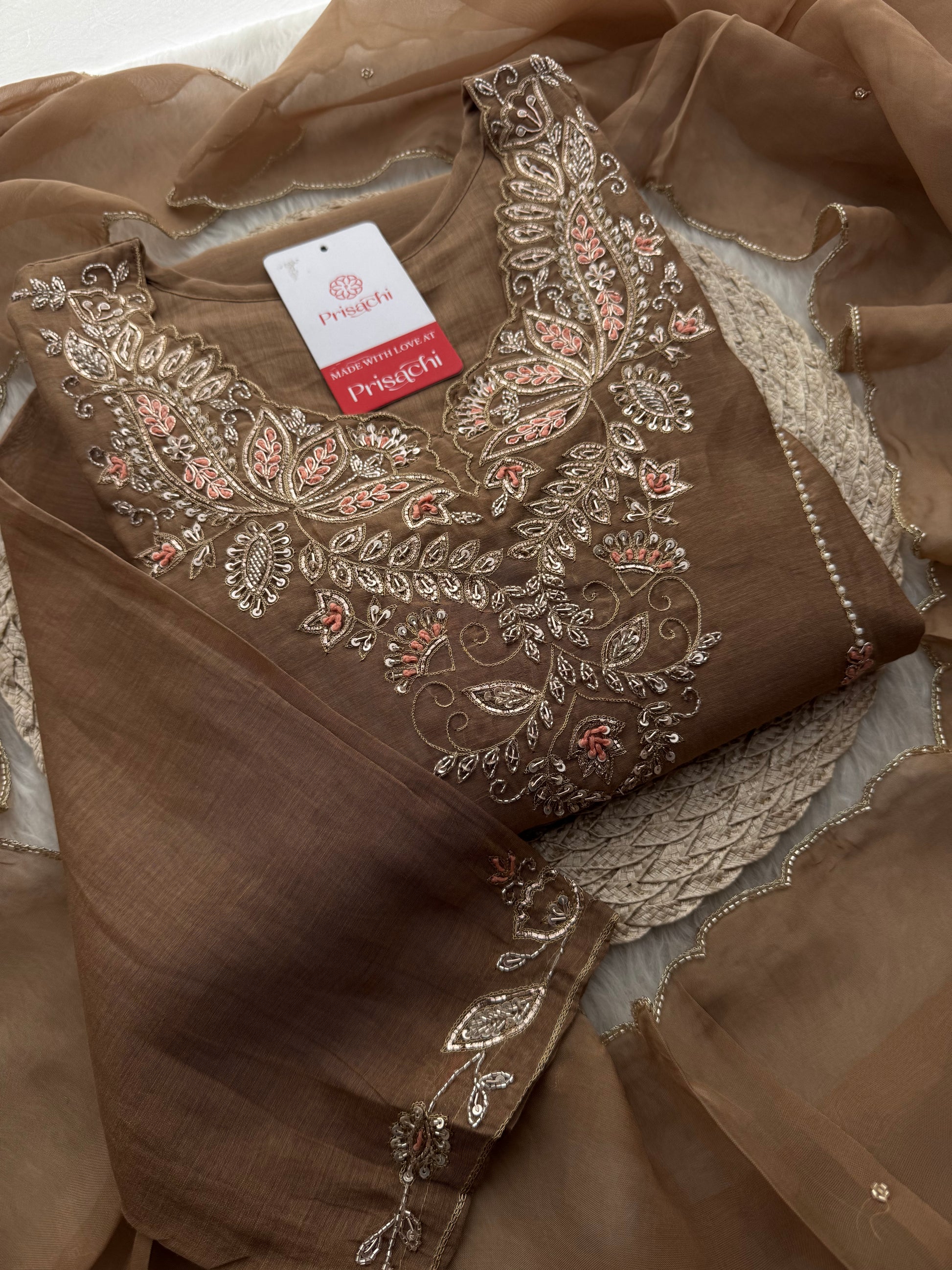 Designer Brown Embroidered A-Line Kurta Set with Dupatta & Pants - Prisachi Official