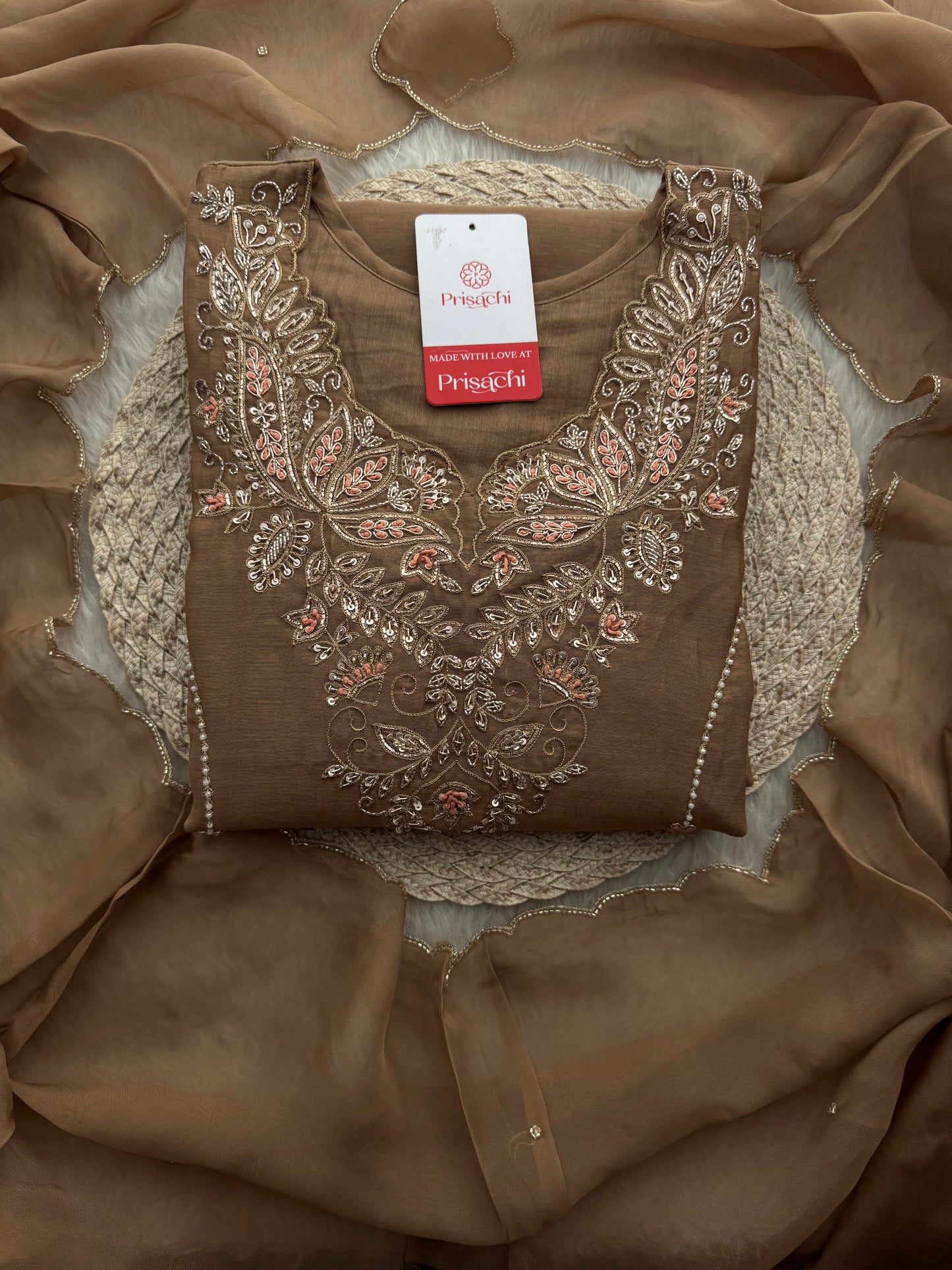 Designer Brown Embroidered A-Line Kurta Set with Dupatta & Pants - Prisachi Official