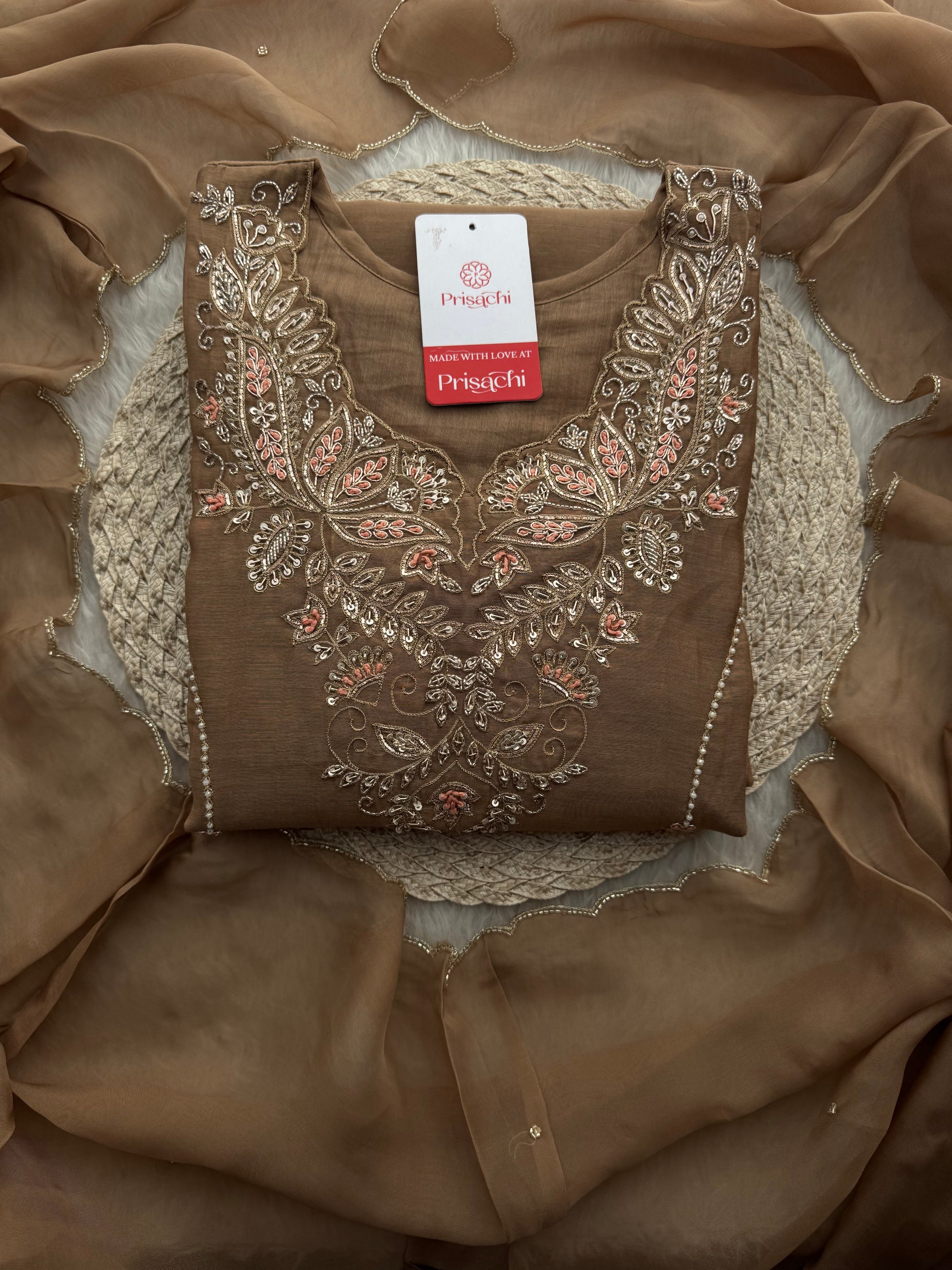 Designer Brown Embroidered A-Line Kurta Set with Dupatta & Pants - Prisachi Official