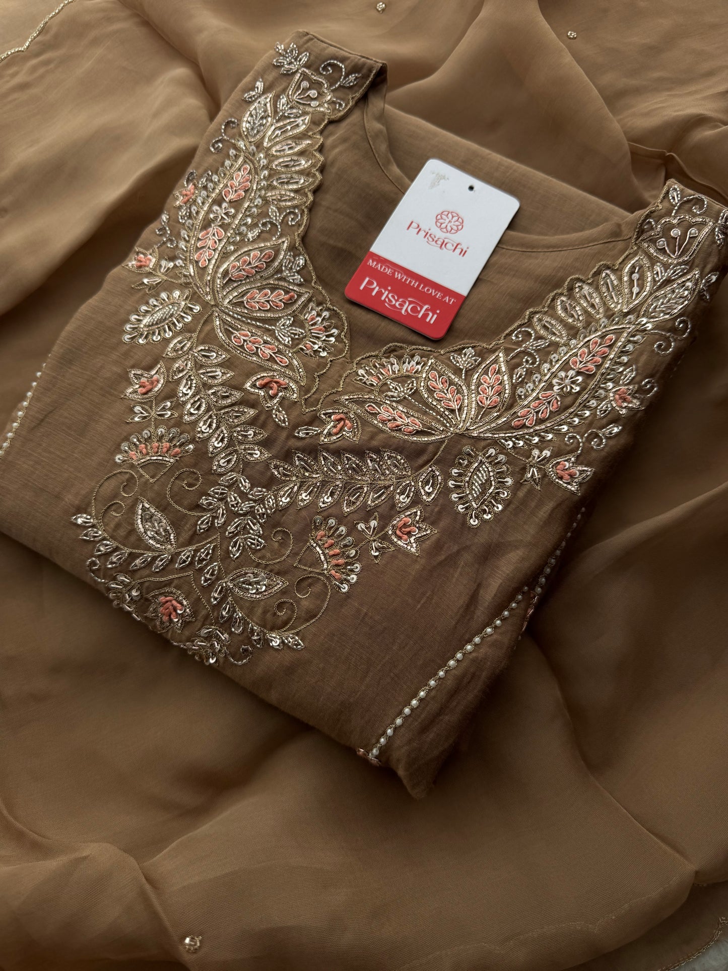 Designer Brown Embroidered A-Line Kurta Set with Dupatta & Pants - Prisachi Official