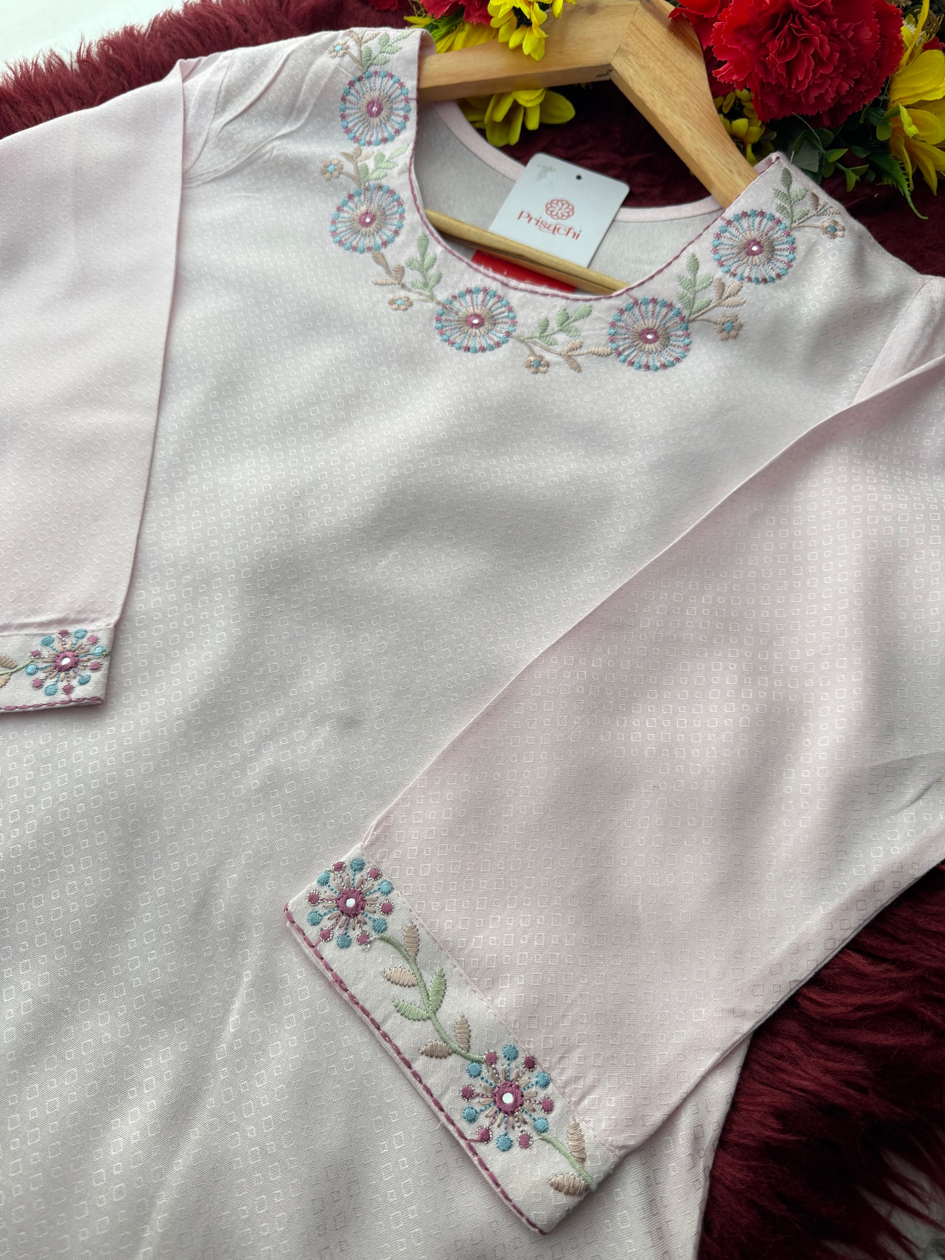 Baby Pink Short Straight Embroidered Kurti for Women | Casual Office Wear Ethnic - Prisachi Official