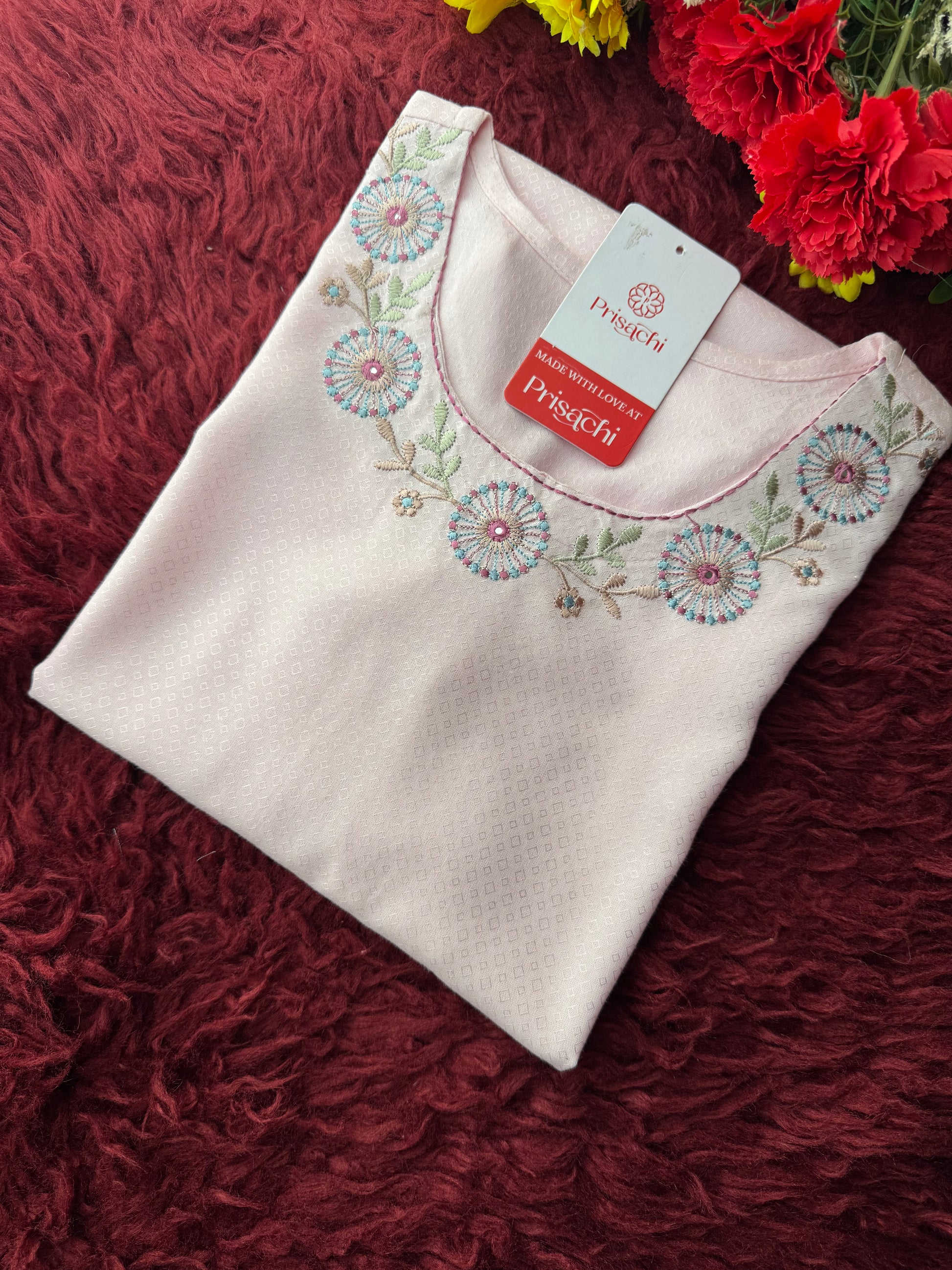 Baby Pink Short Straight Embroidered Kurti for Women | Casual Office Wear Ethnic - Prisachi Official