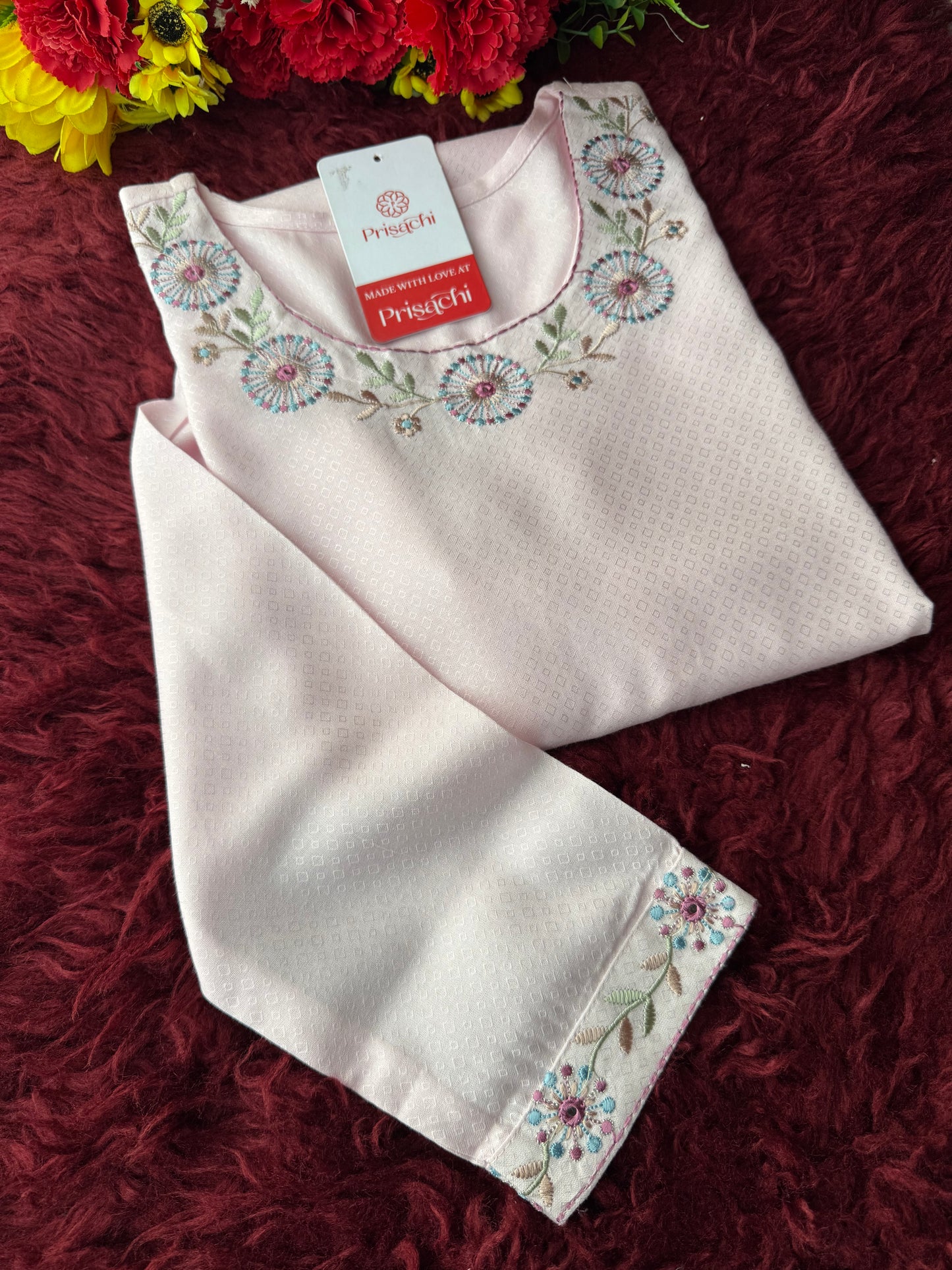 Baby Pink Short Straight Embroidered Kurti for Women | Casual Office Wear Ethnic - Prisachi Official