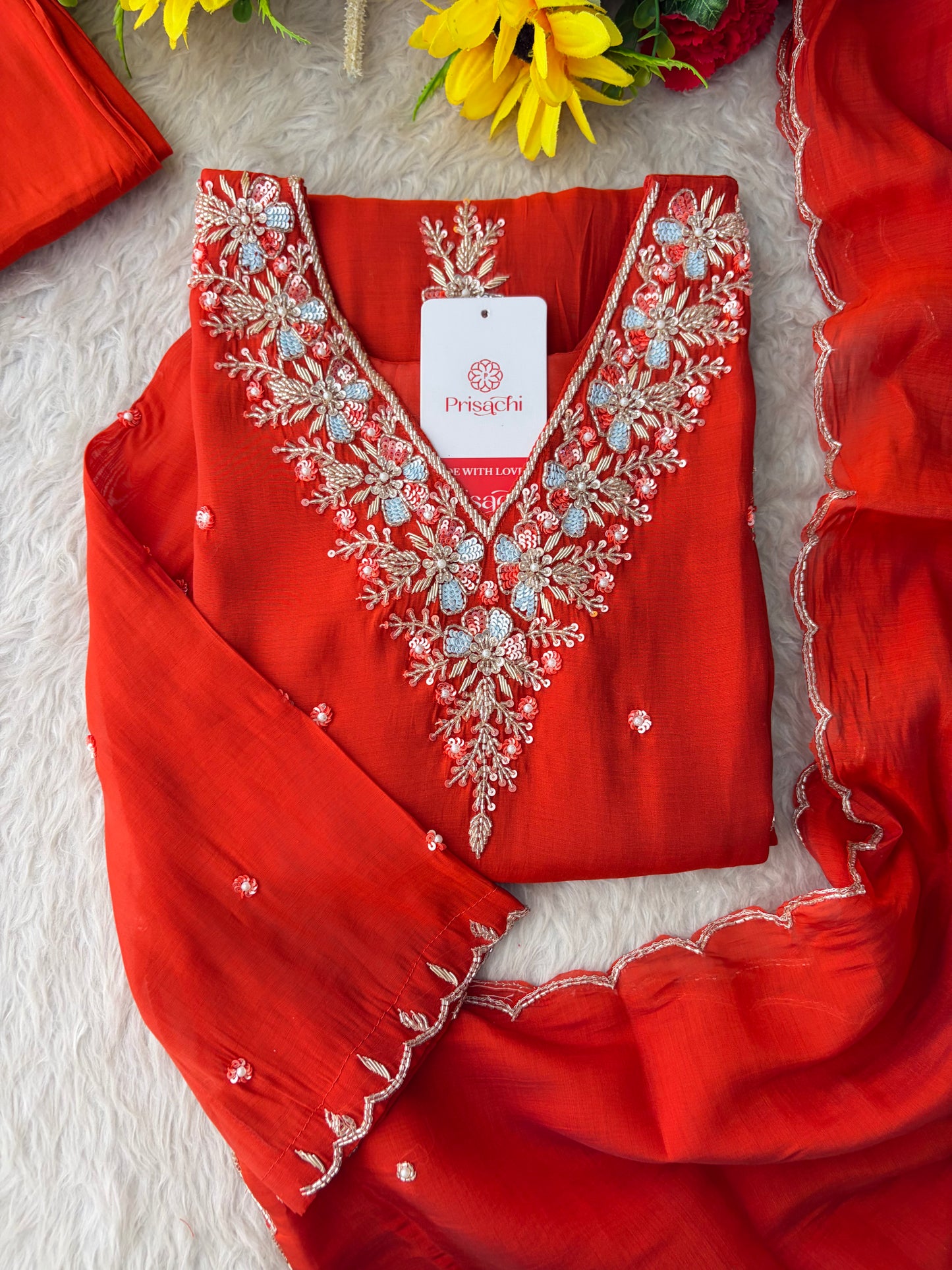 Orange Zardozi Embroidered Ethnic Kurta Set for Women with Dupatta & Pants | Festive Traditional Suit Set