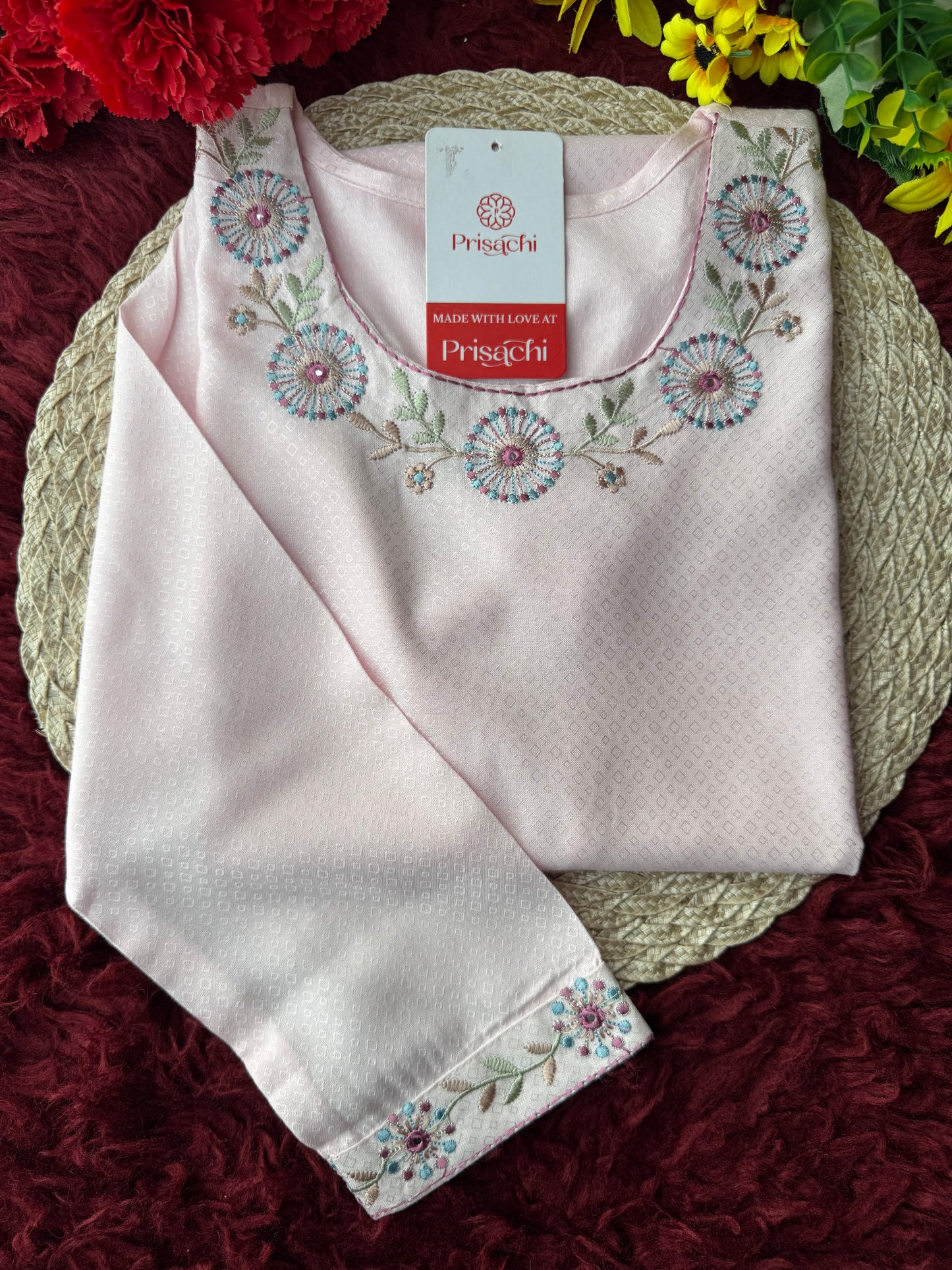 Baby Pink Short Straight Embroidered Kurti for Women | Casual Office Wear Ethnic - Prisachi Official