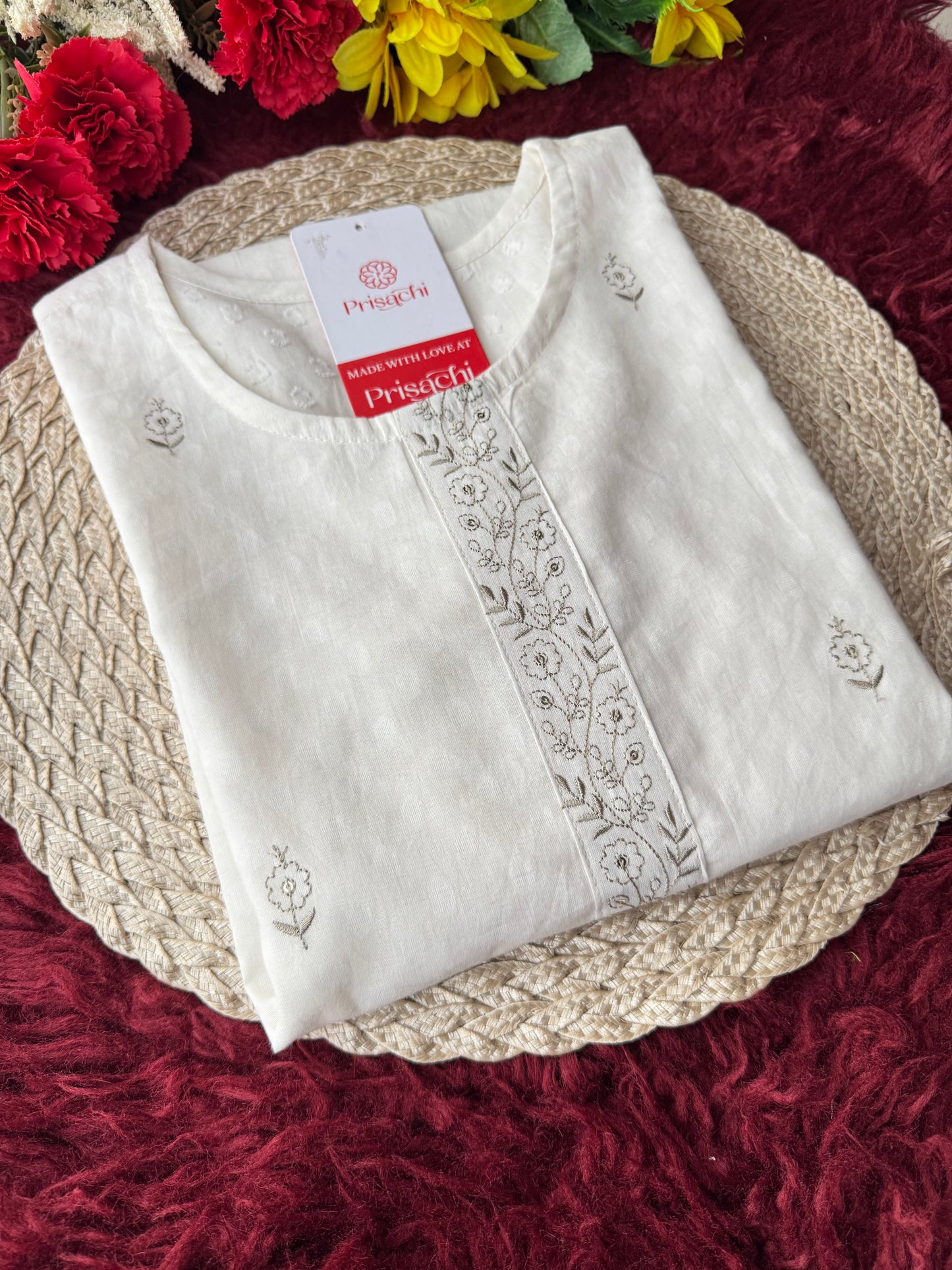 Elegant White Short Straight Embroidered Kurti for Women | Casual Office Wear Ethnic - Prisachi Official