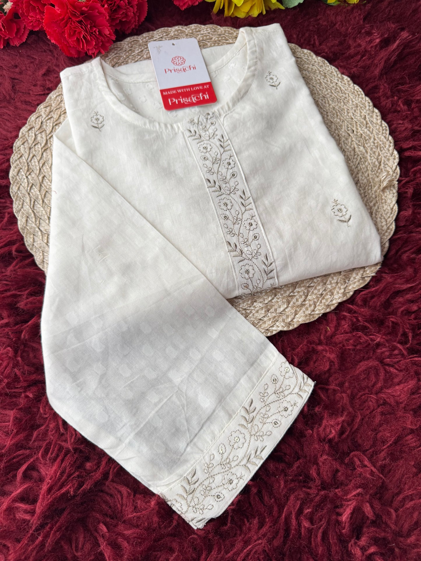 Elegant White Short Straight Embroidered Kurti for Women | Casual Office Wear Ethnic - Prisachi Official