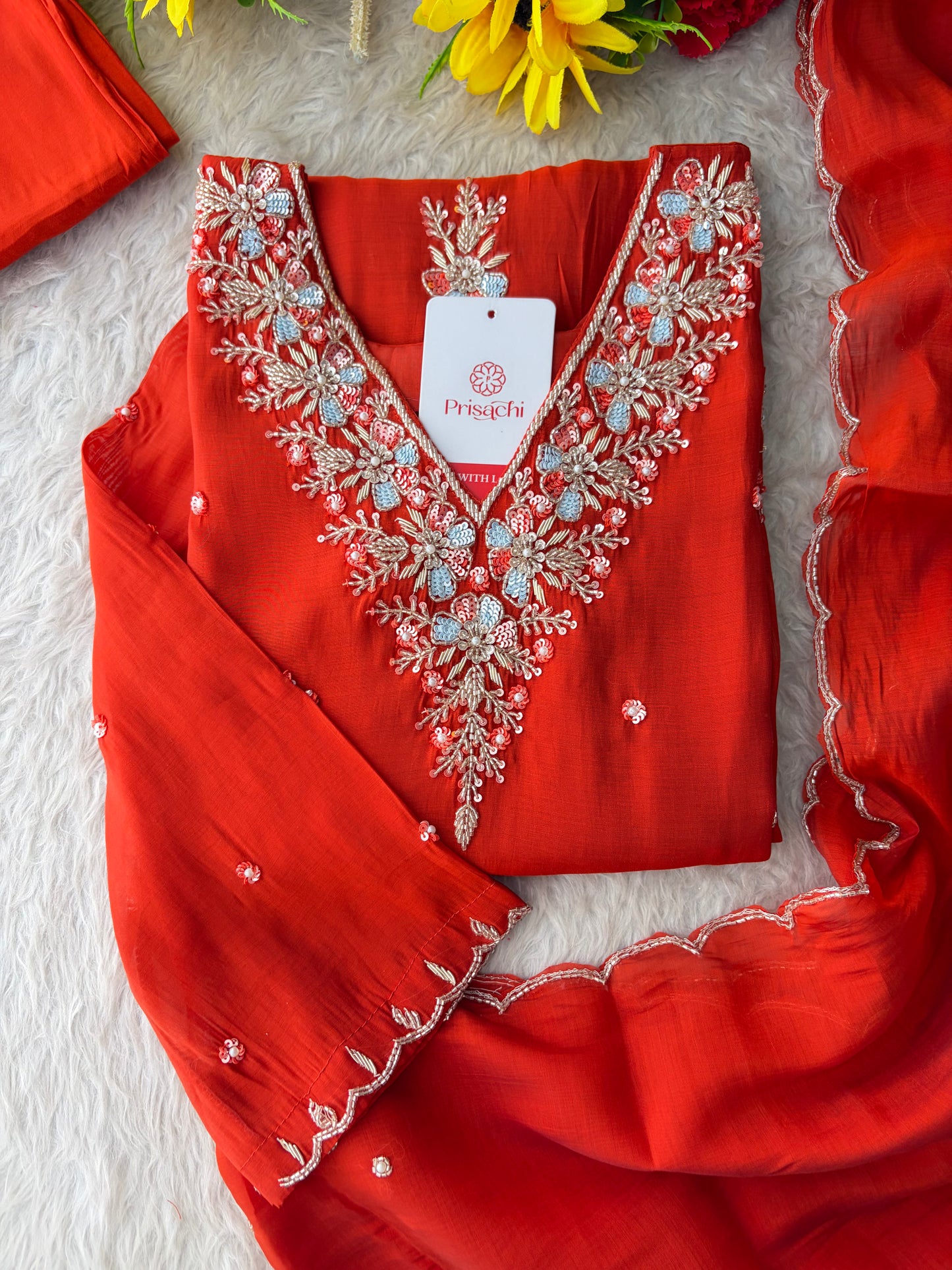 Orange Zardozi Embroidered Ethnic Kurta Set for Women with Dupatta & Pants | Festive Traditional Suit Set