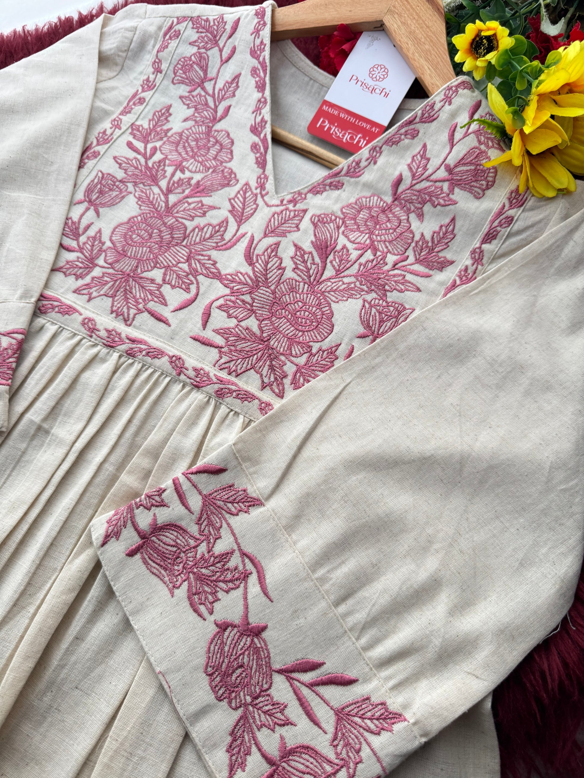 Off White Short Straight Embroidered Kurti for Women | Casual Office Wear Ethnic Tunic - Prisachi Official