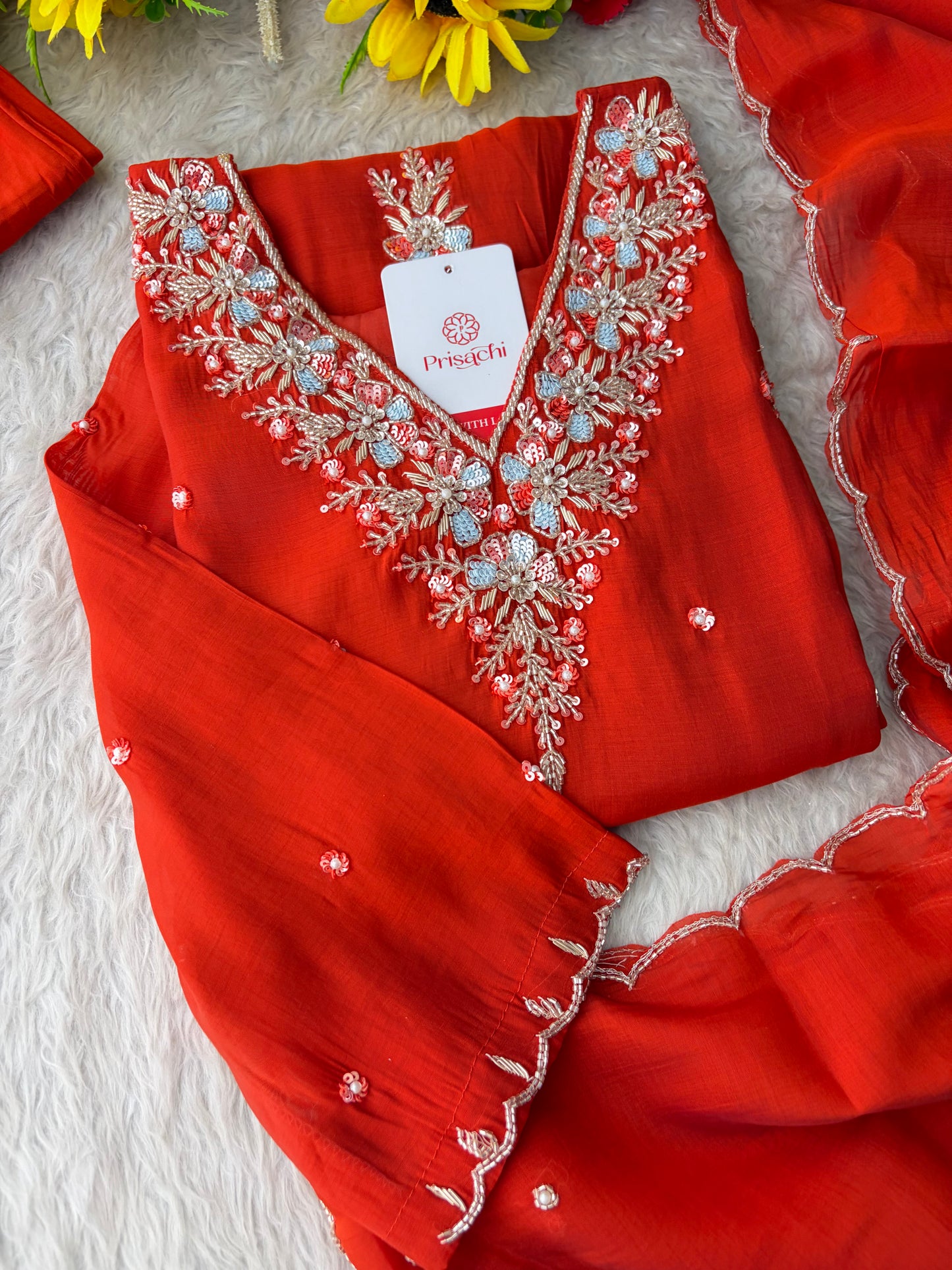 Orange Zardozi Embroidered Ethnic Kurta Set for Women with Dupatta & Pants | Festive Traditional Suit Set