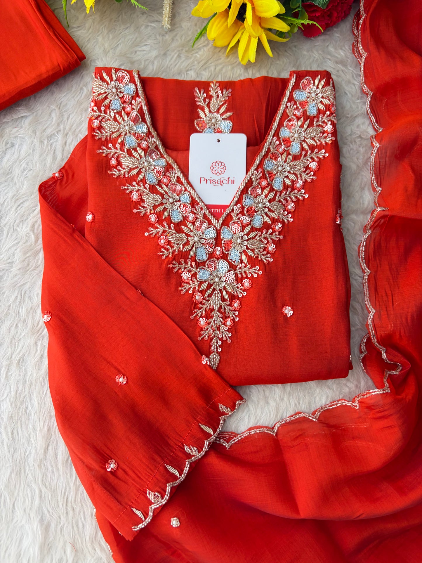 Orange Zardozi Embroidered Ethnic Kurta Set for Women with Dupatta & Pants | Festive Traditional Suit Set