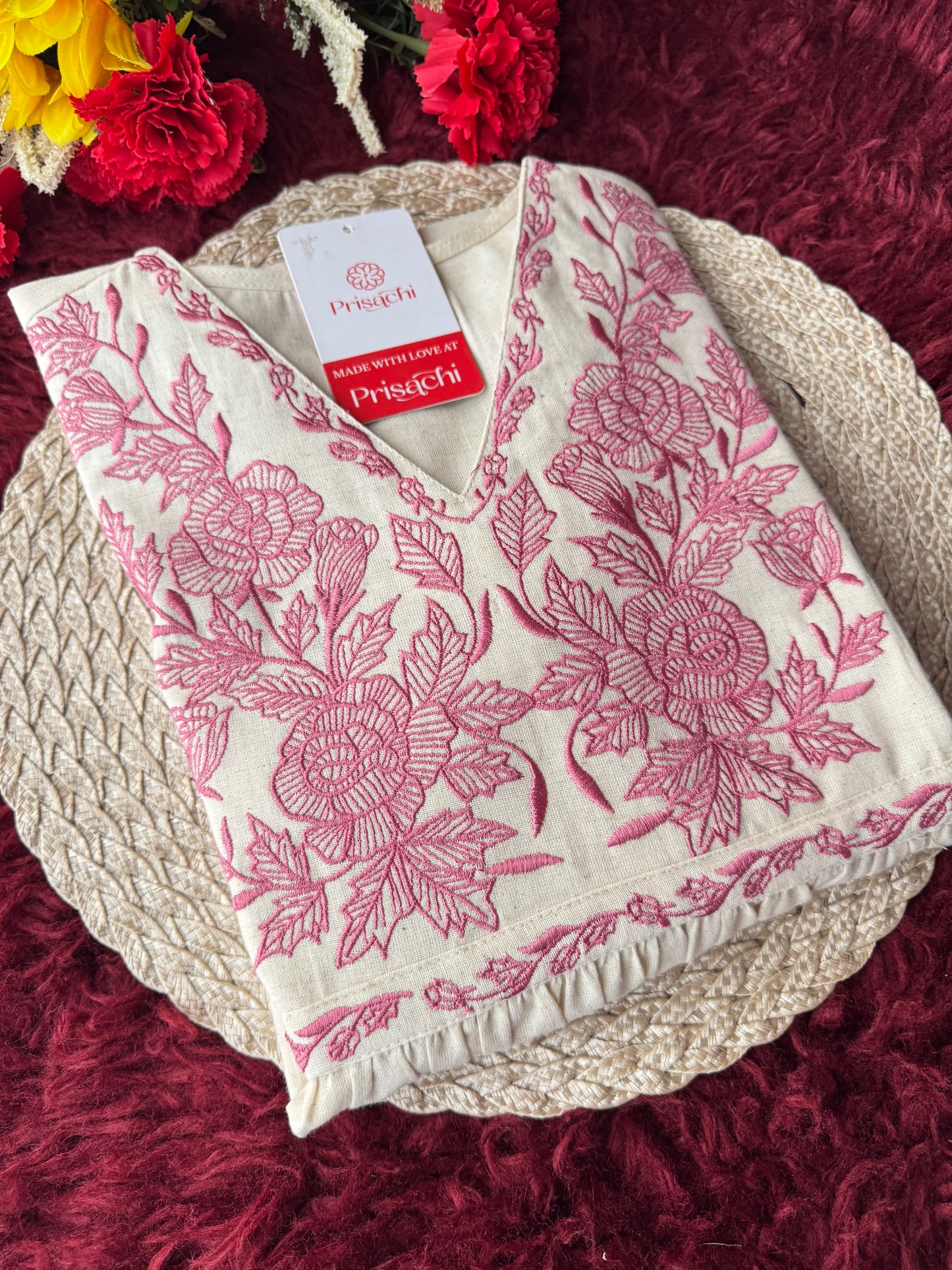 Off White Short Straight Embroidered Kurti for Women | Casual Office Wear Ethnic Tunic - Prisachi Official
