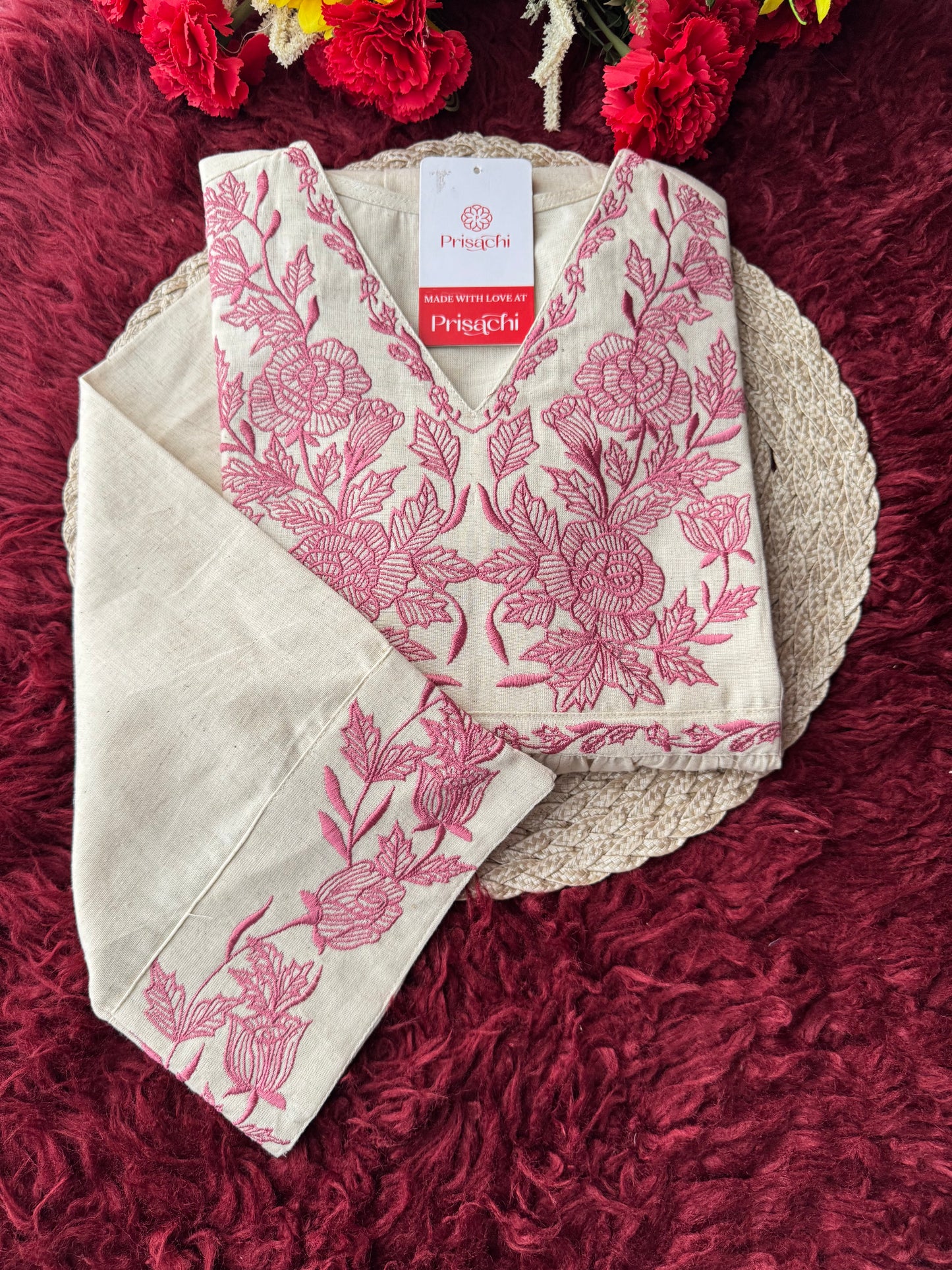 Off White Short Straight Embroidered Kurti for Women | Casual Office Wear Ethnic Tunic - Prisachi Official