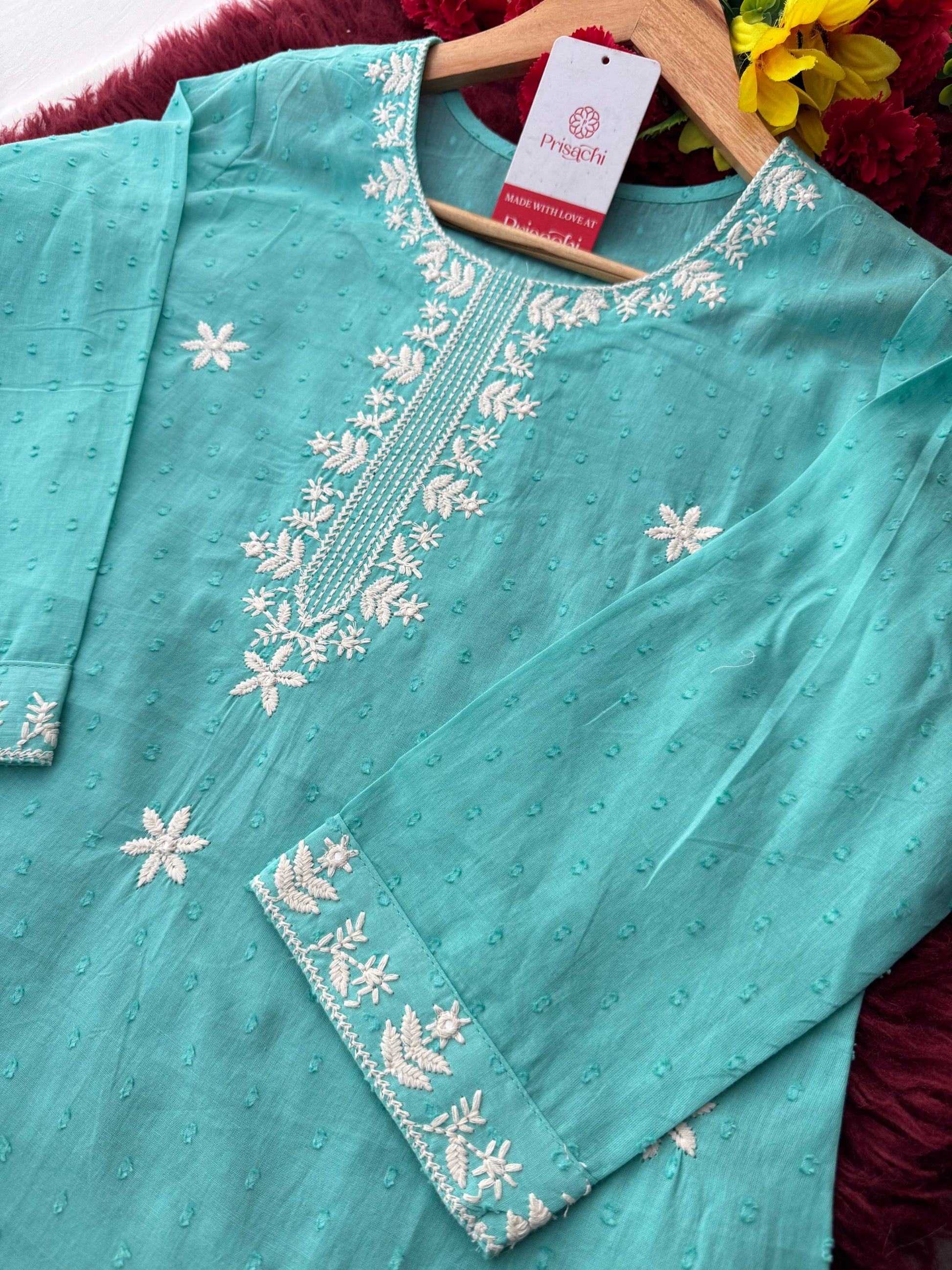 Aqua Blue Short Straight White Thread Embroidered Ethnic Kurti for Women - Prisachi Official