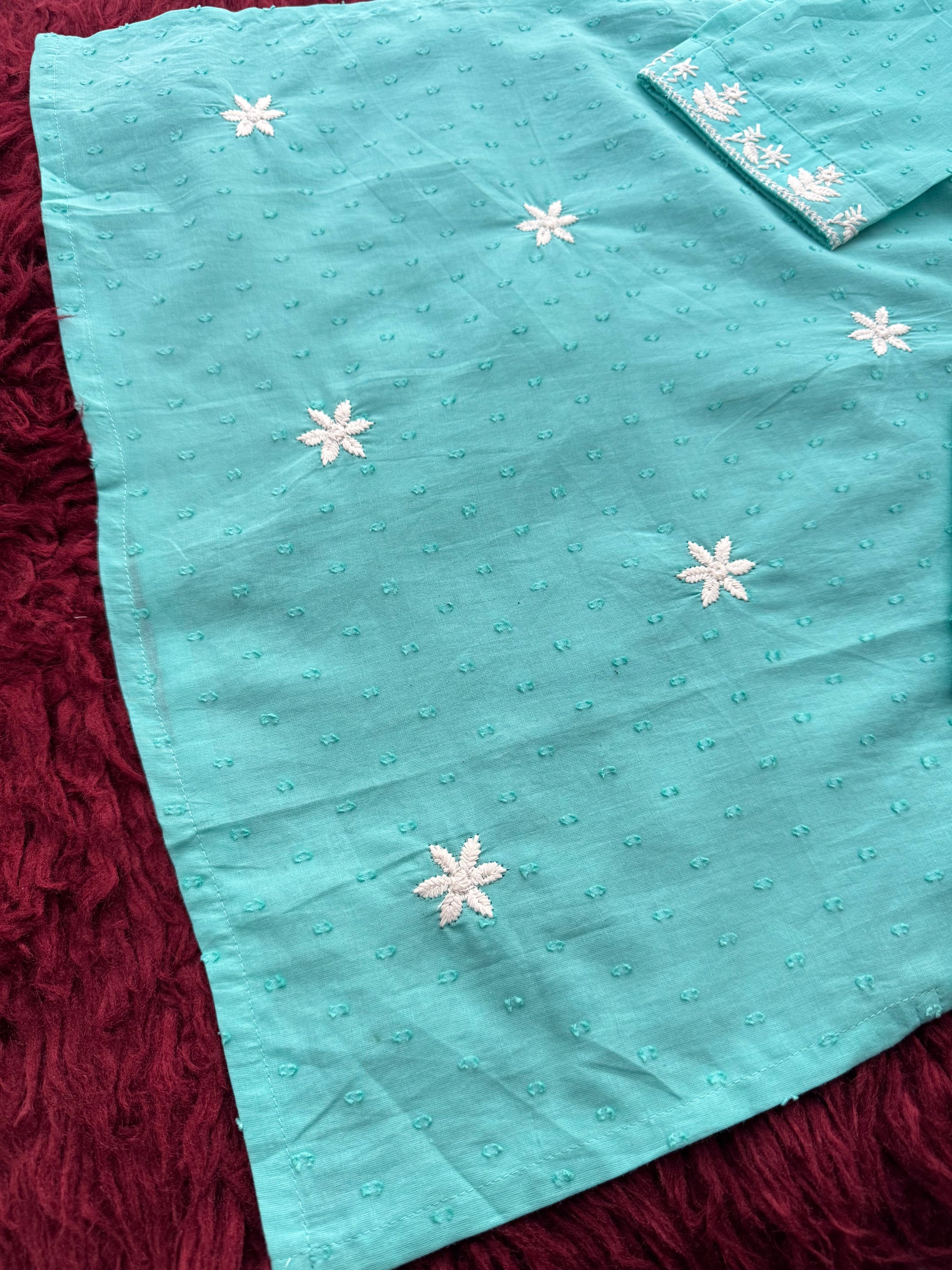 Aqua Blue Short Straight White Thread Embroidered Ethnic Kurti for Women - Prisachi Official