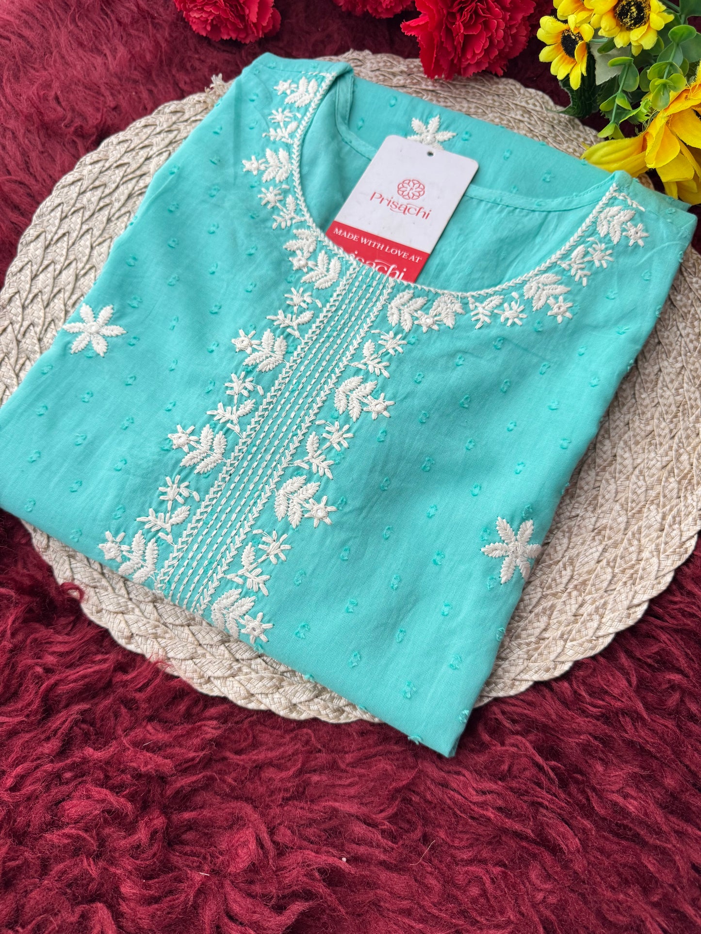 Aqua Blue Short Straight White Thread Embroidered Ethnic Kurti for Women - Prisachi Official