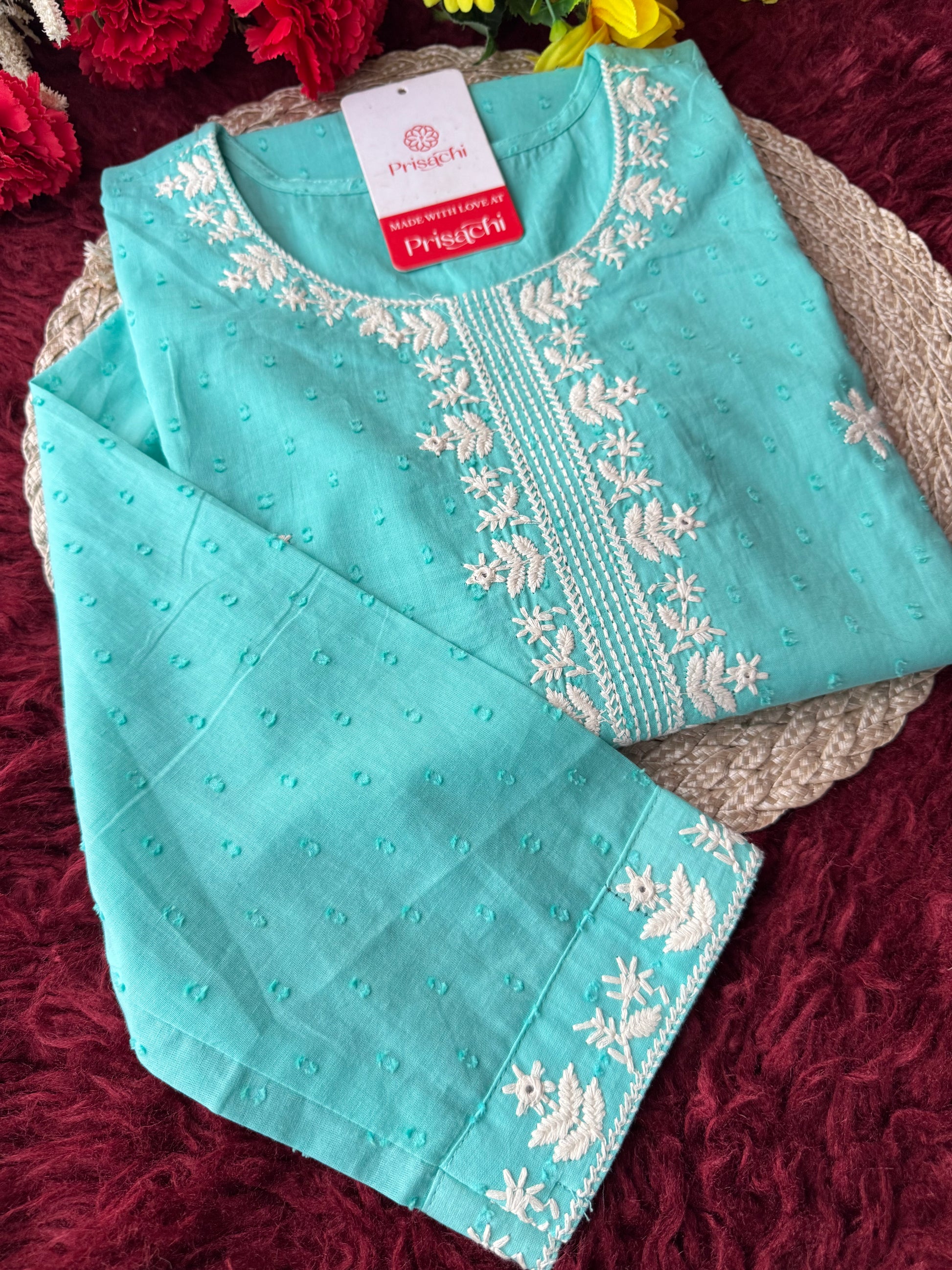 Aqua Blue Short Straight White Thread Embroidered Ethnic Kurti for Women - Prisachi Official