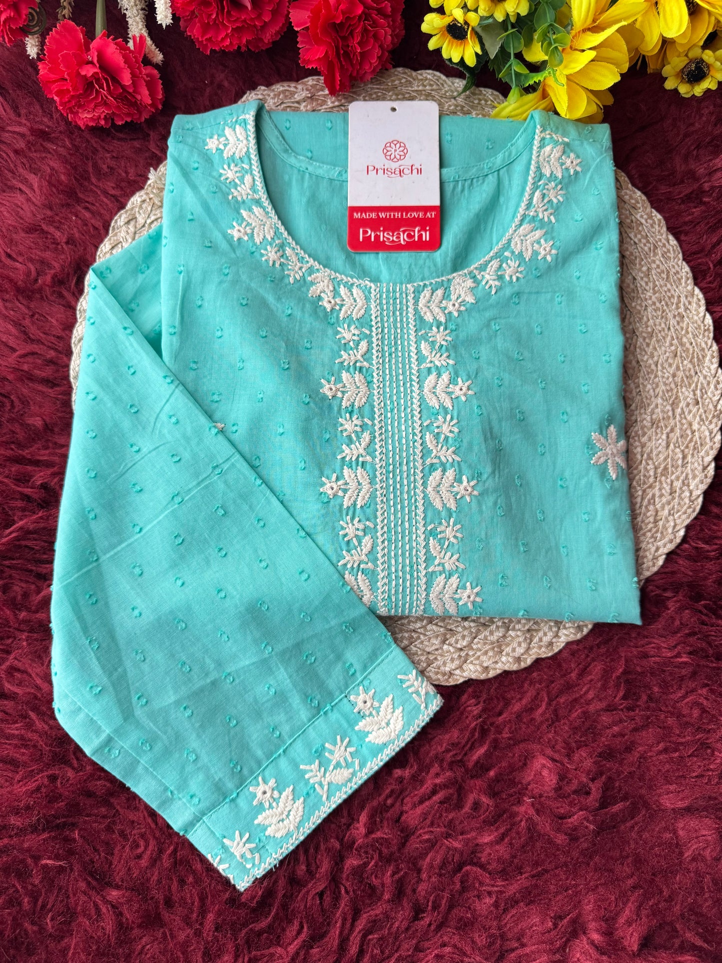 Aqua Blue Short Straight White Thread Embroidered Ethnic Kurti for Women - Prisachi Official